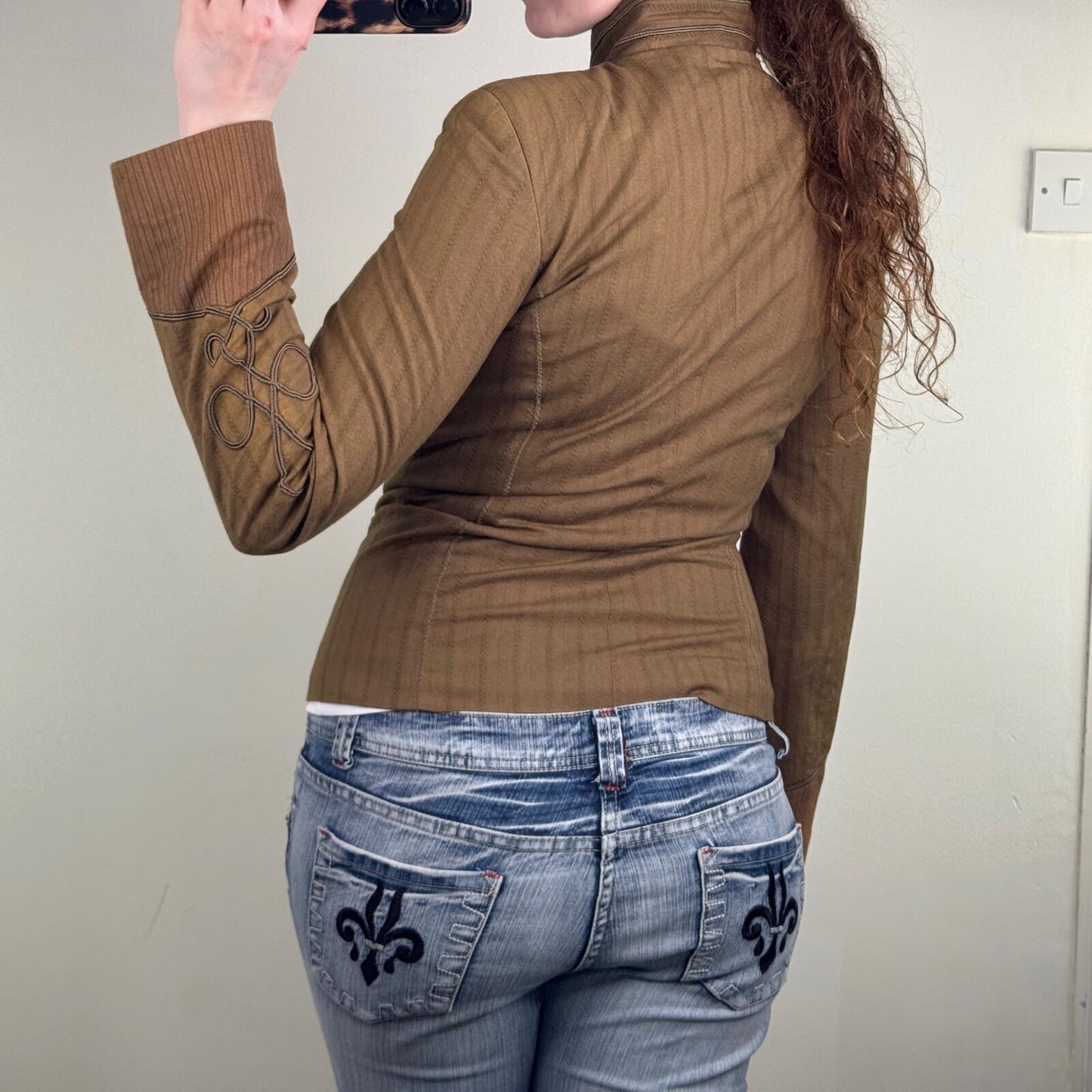 Y2K vintage S'NOB military jacket denim wooden embroidered button up archive