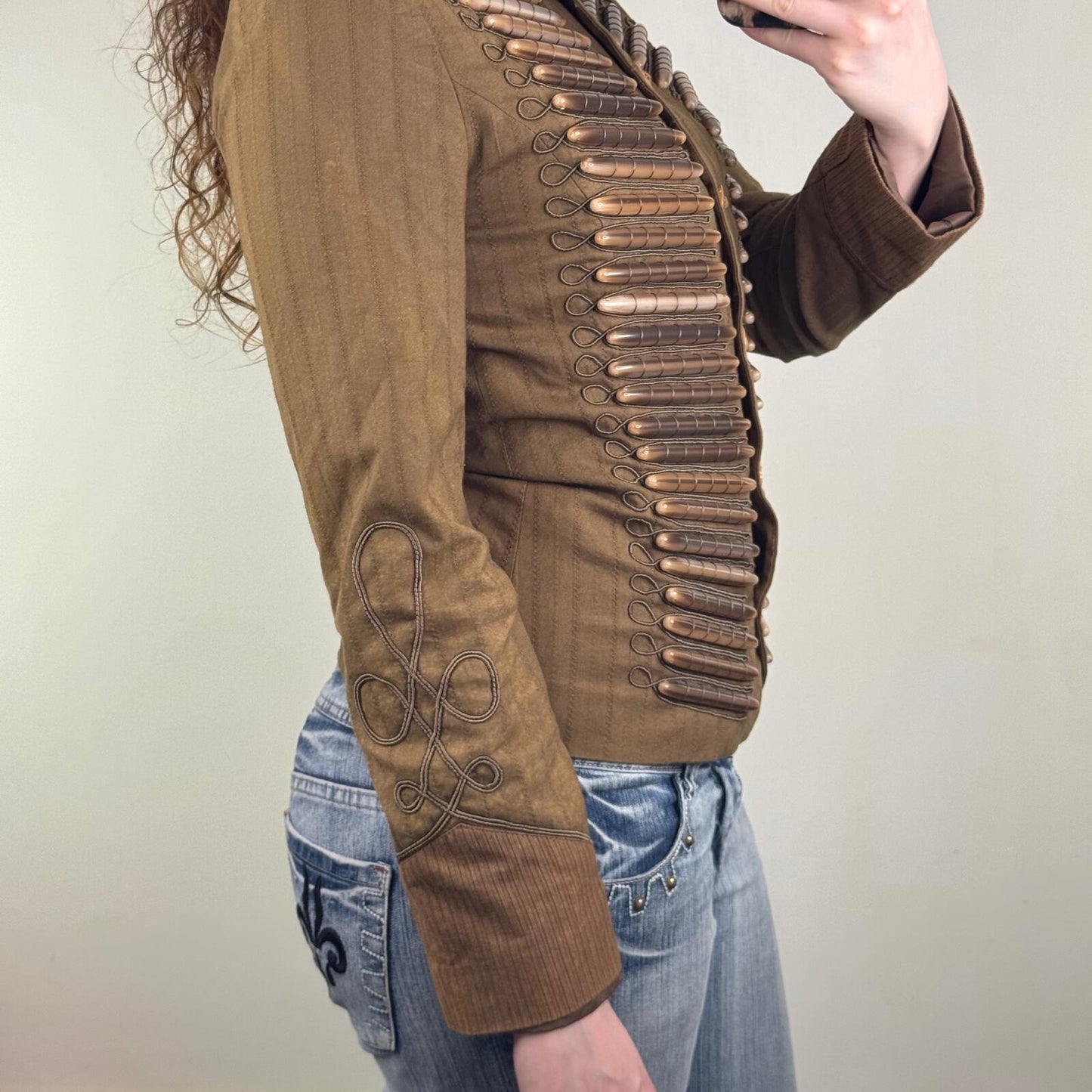 Y2K vintage S'NOB military jacket denim wooden embroidered button up archive