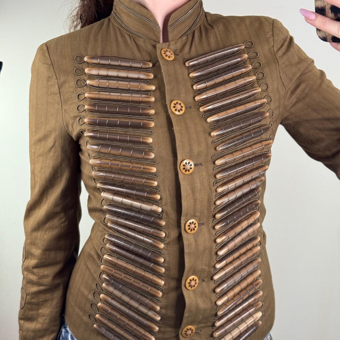 Y2K vintage S'NOB military jacket denim wooden embroidered button up archive