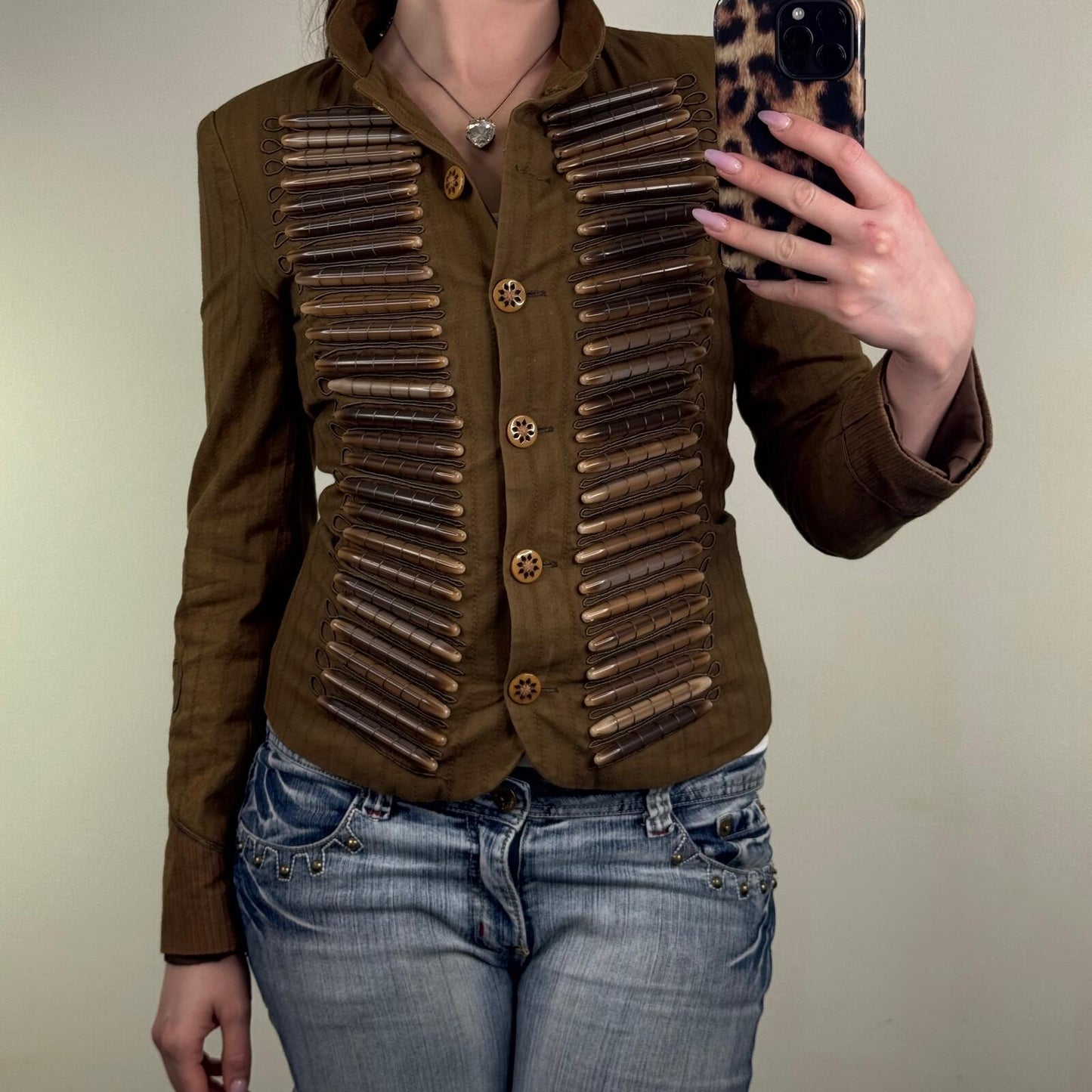 Y2K vintage S'NOB military jacket denim wooden embroidered button up archive