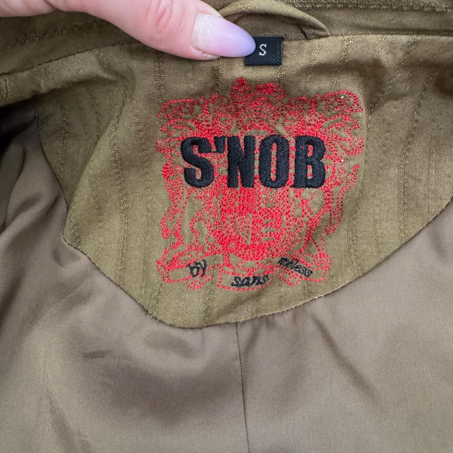 Y2K vintage S'NOB military jacket denim wooden embroidered button up archive
