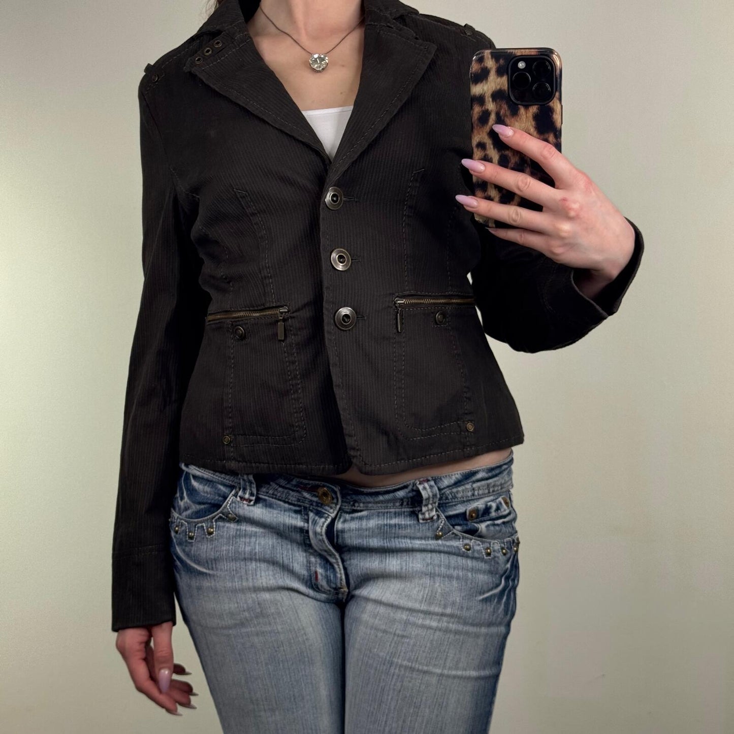 Y2K vintage denim jacket fitted stretchy utility cargo buckles khaki button up
