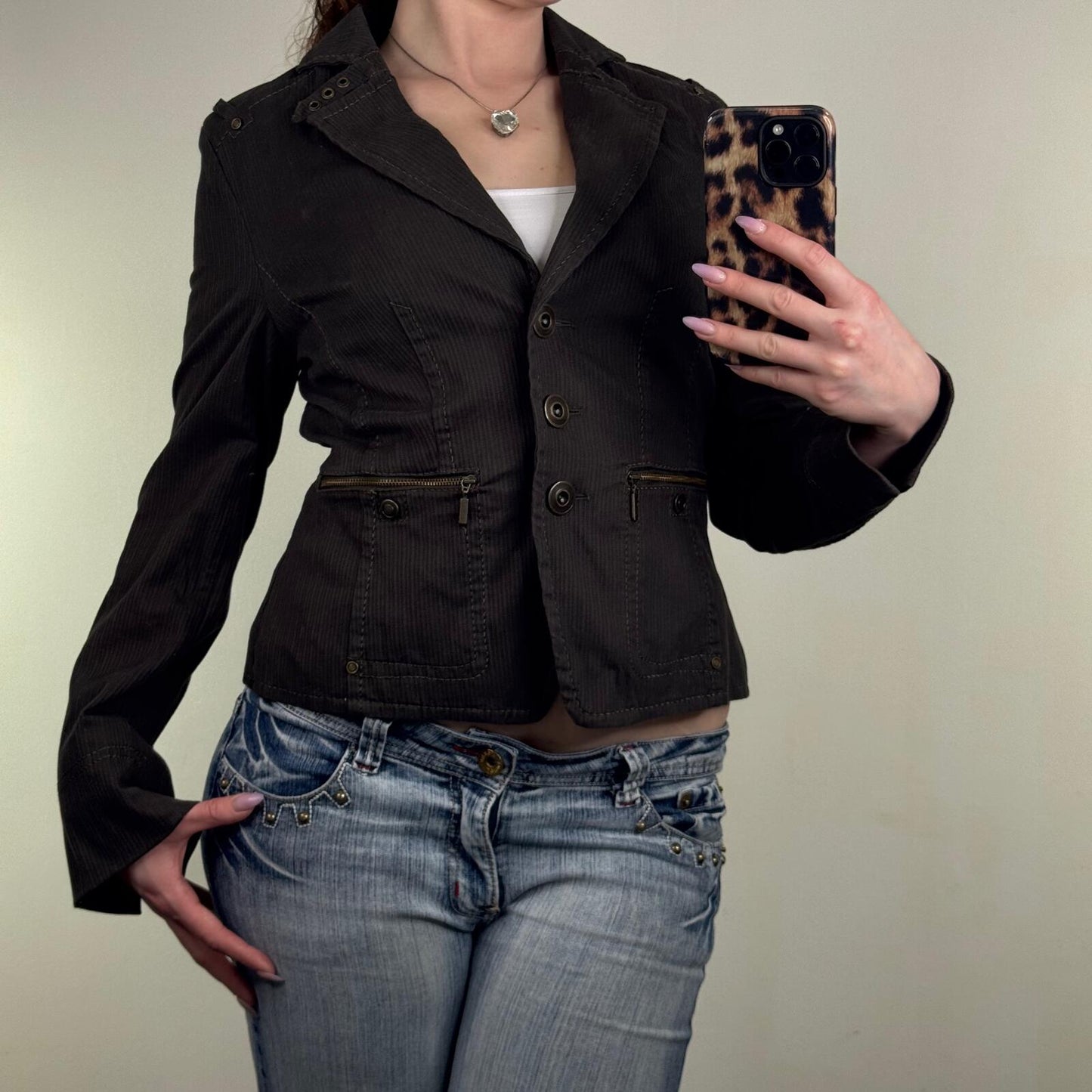 Y2K vintage denim jacket fitted stretchy utility cargo buckles khaki button up