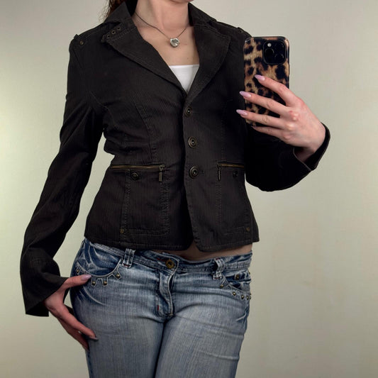 Y2K vintage denim jacket fitted stretchy utility cargo buckles khaki button up
