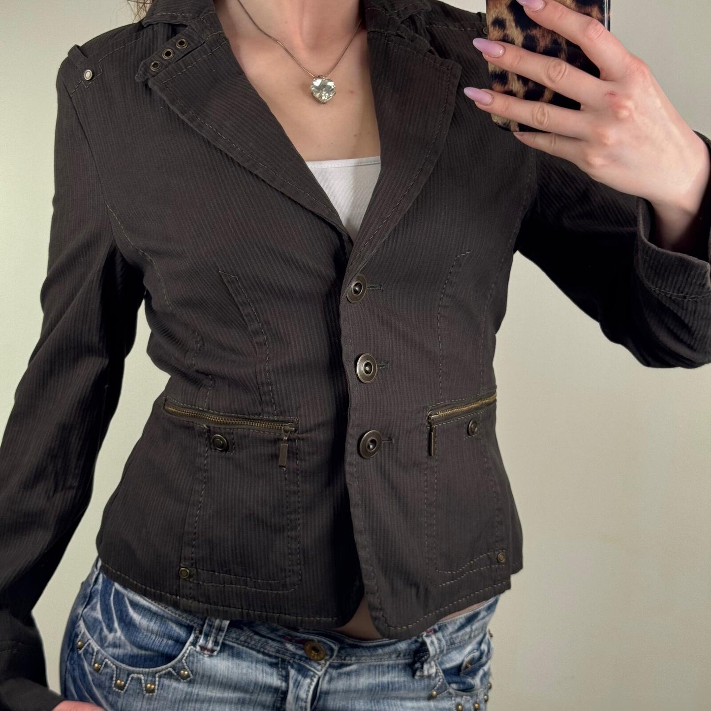Y2K vintage denim jacket fitted stretchy utility cargo buckles khaki button up