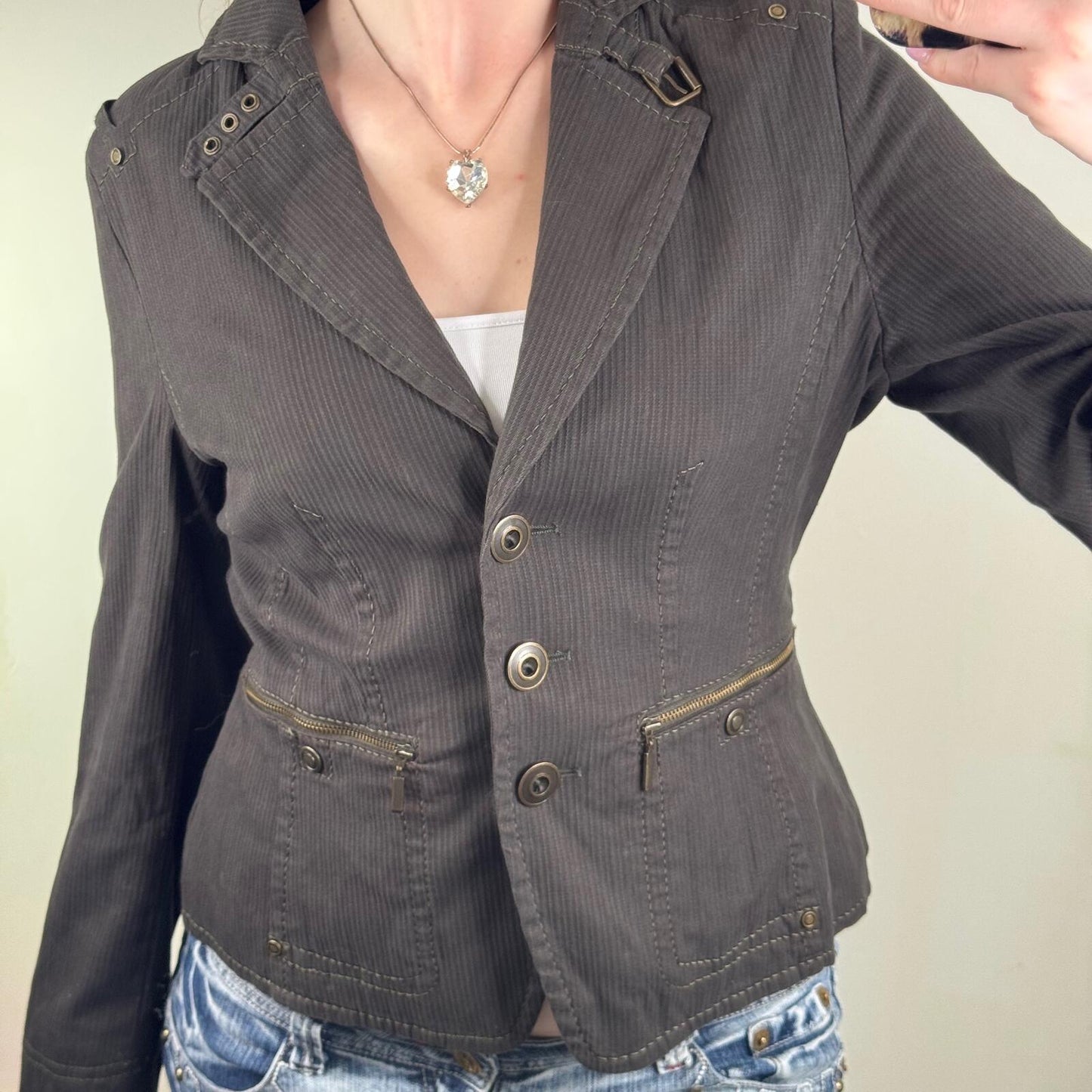 Y2K vintage denim jacket fitted stretchy utility cargo buckles khaki button up