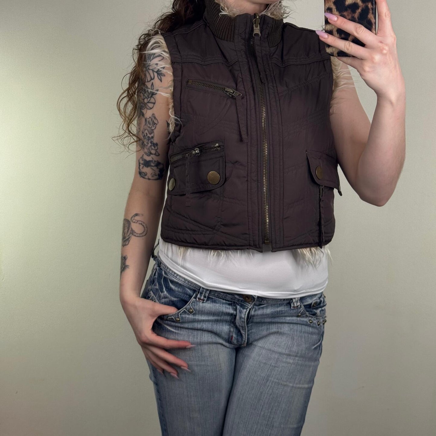 Y2K vintage gilet jacket faux fur reversible shaggy high neck full zip up crop