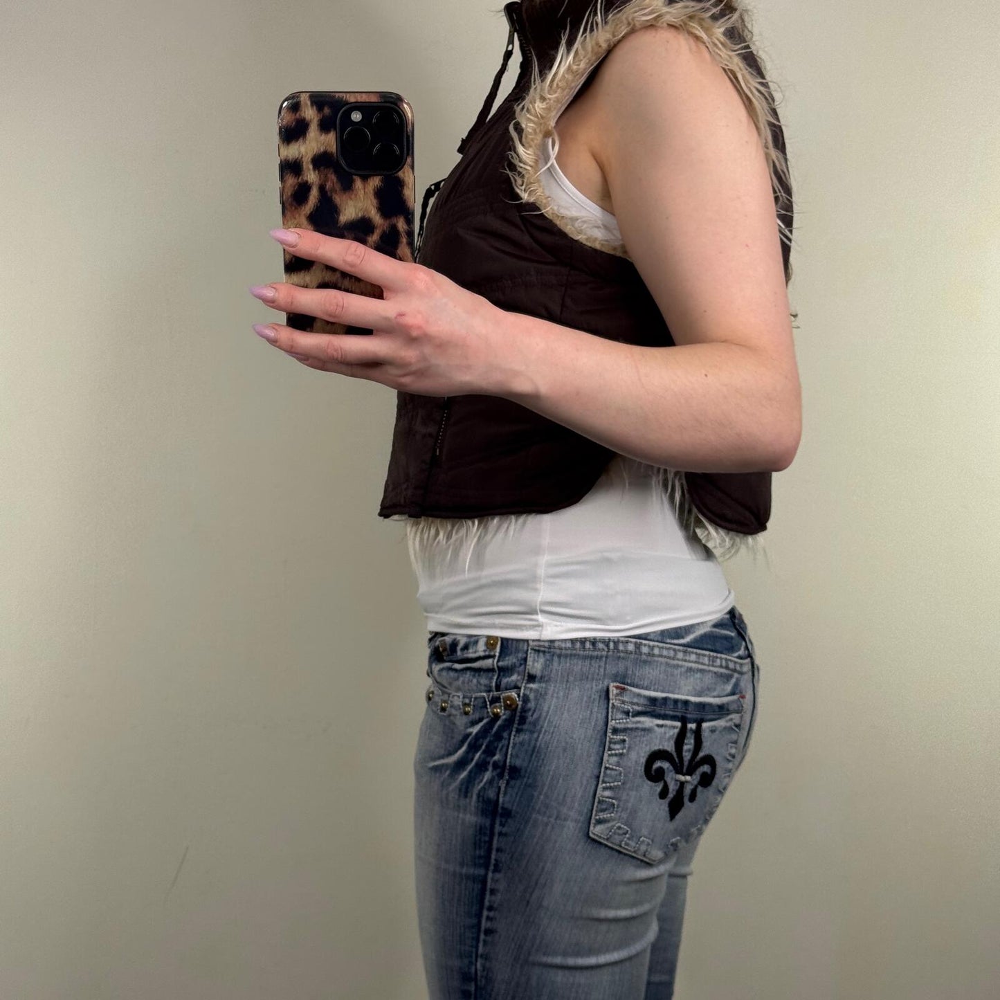Y2K vintage gilet jacket faux fur reversible shaggy high neck full zip up crop