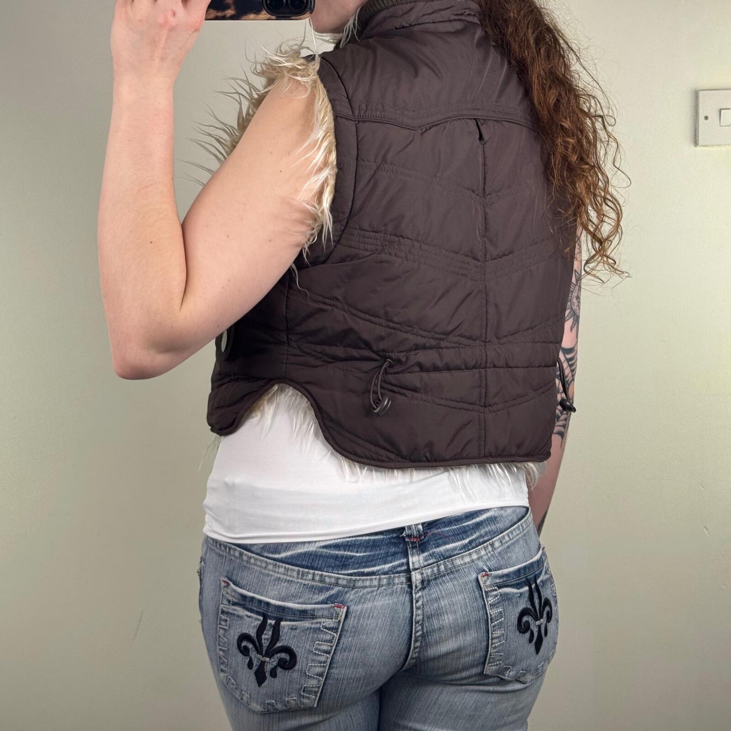 Y2K vintage gilet jacket faux fur reversible shaggy high neck full zip up crop