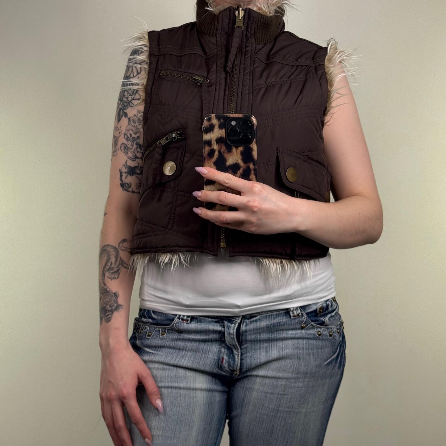 Y2K vintage gilet jacket faux fur reversible shaggy high neck full zip up crop