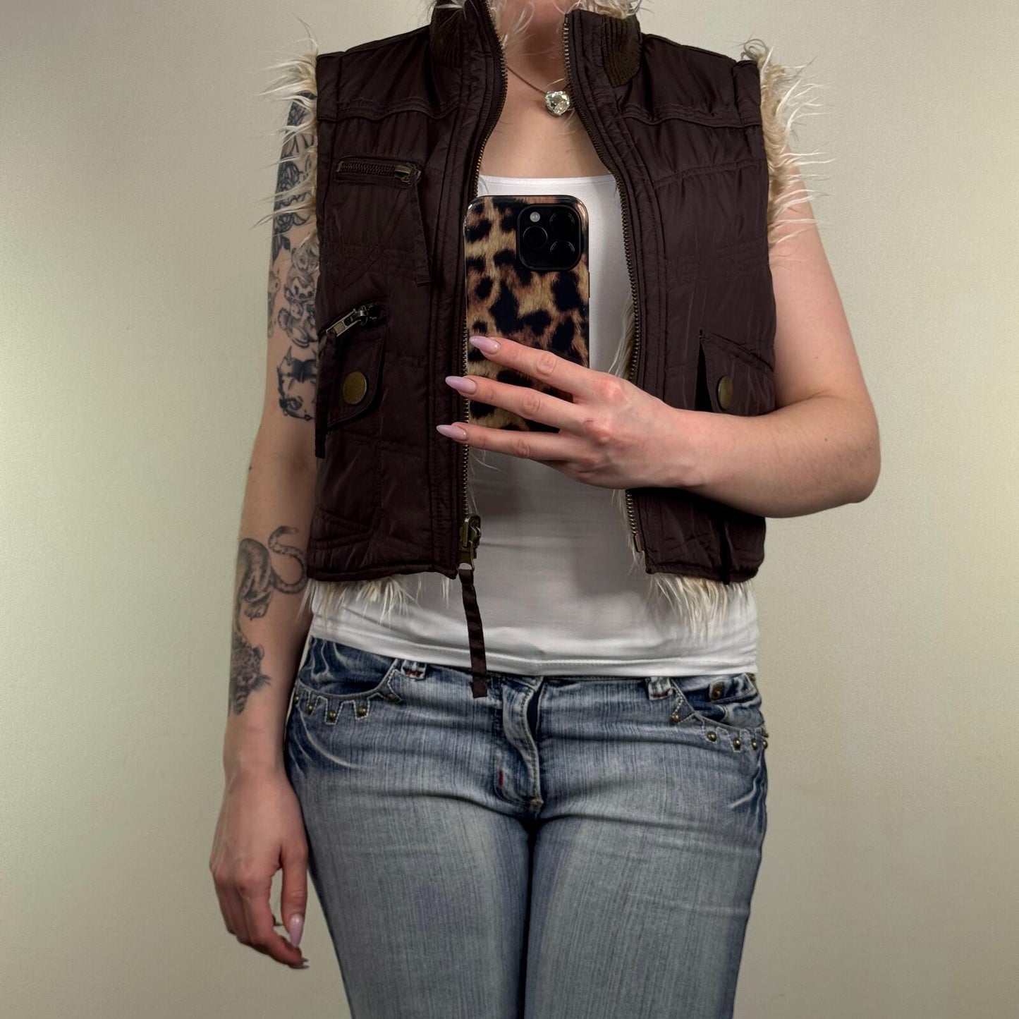 Y2K vintage gilet jacket faux fur reversible shaggy high neck full zip up crop