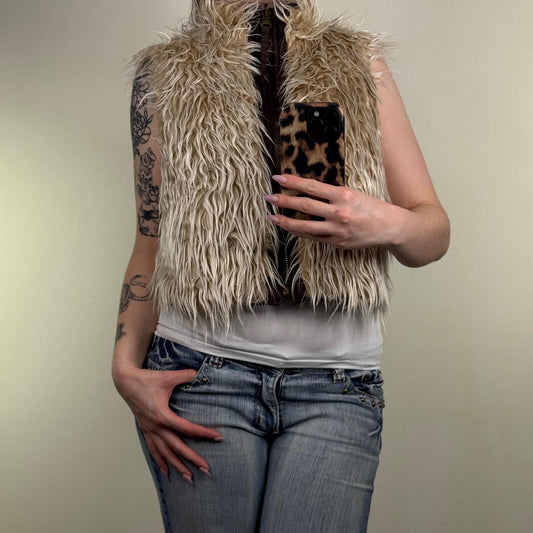 Y2K vintage gilet jacket faux fur reversible shaggy high neck full zip up crop
