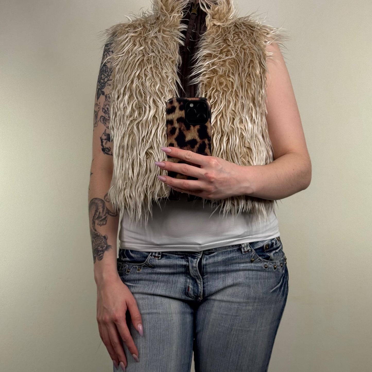 Y2K vintage gilet jacket faux fur reversible shaggy high neck full zip up crop