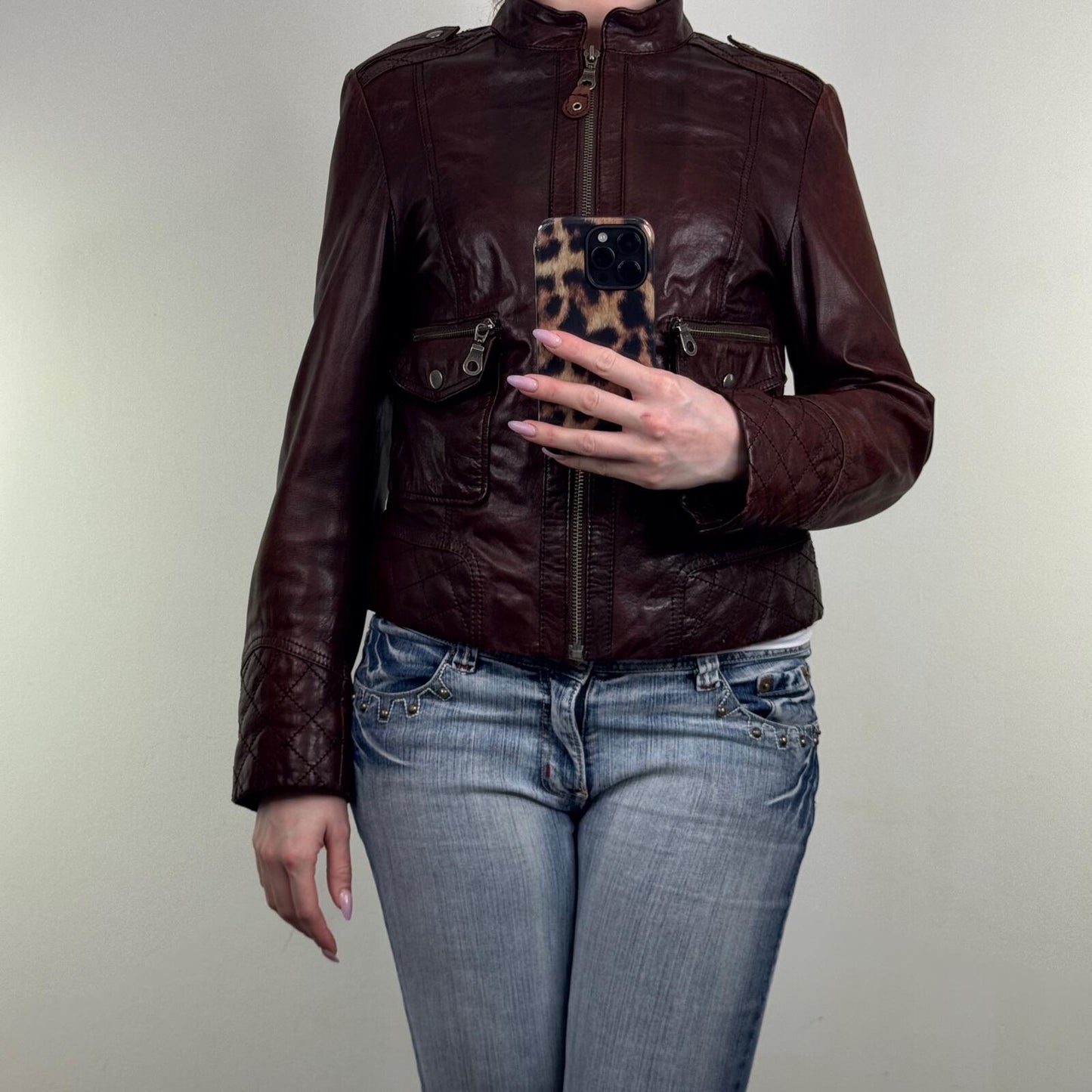 Y2K vintage genuine leather jacket high neck full zip up two tone cargo pockets