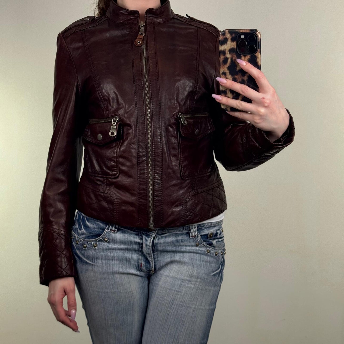 Y2K vintage genuine leather jacket high neck full zip up two tone cargo pockets