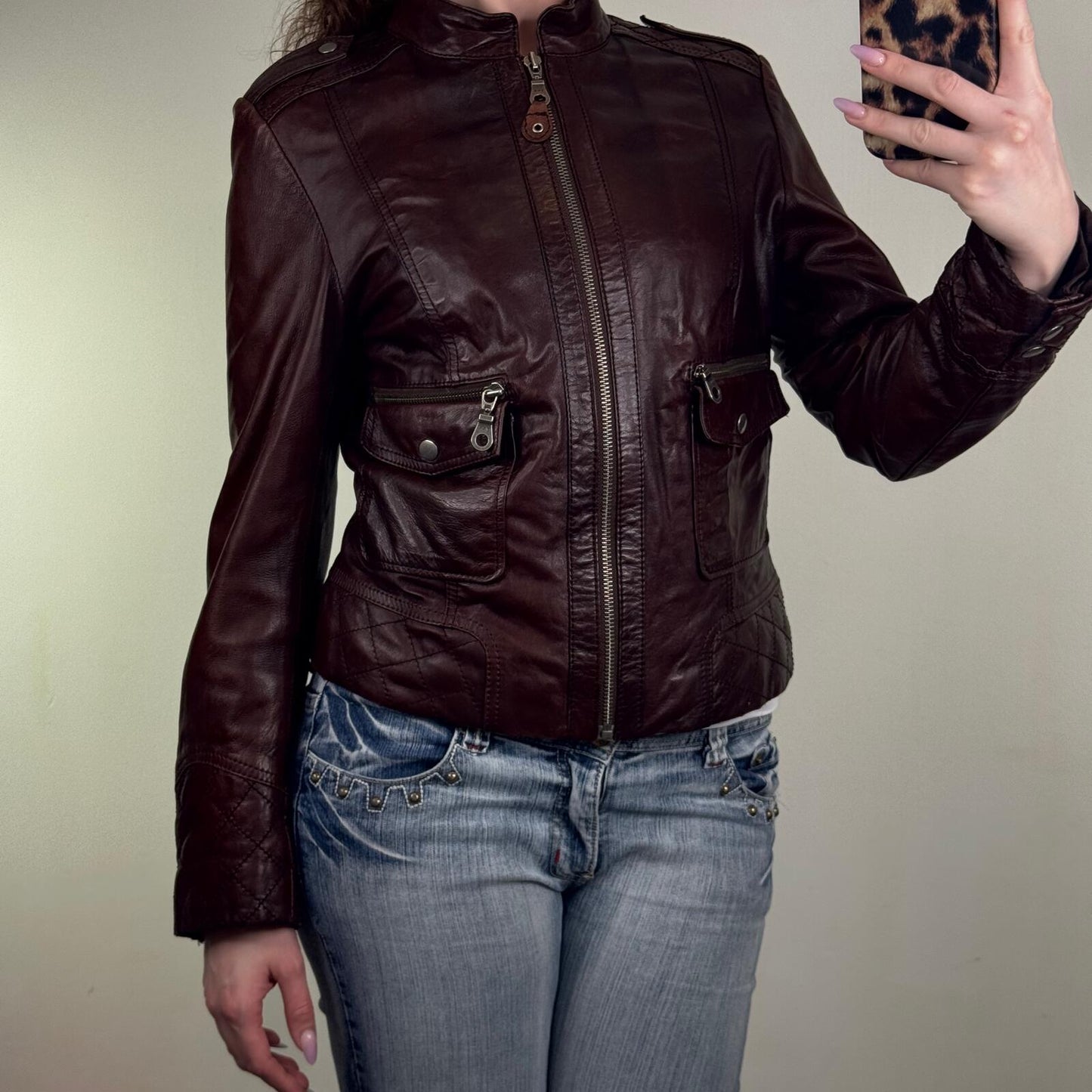 Y2K vintage genuine leather jacket high neck full zip up two tone cargo pockets