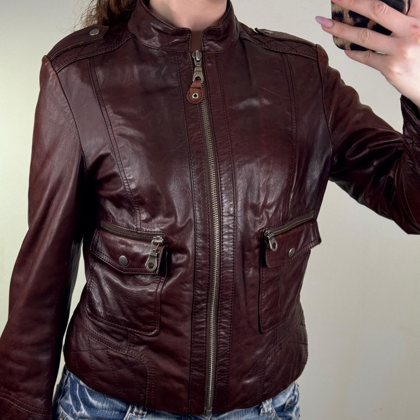 Y2K vintage genuine leather jacket high neck full zip up two tone cargo pockets