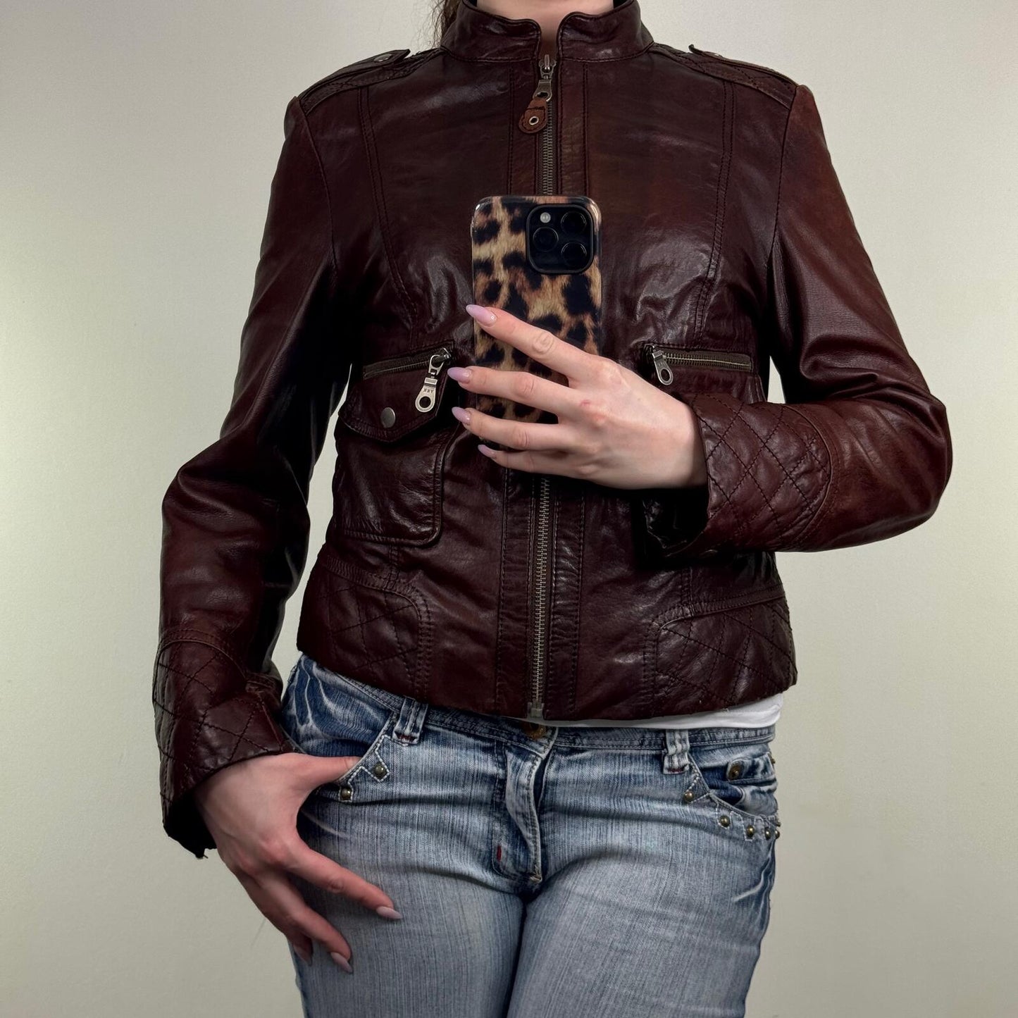 Y2K vintage genuine leather jacket high neck full zip up two tone cargo pockets