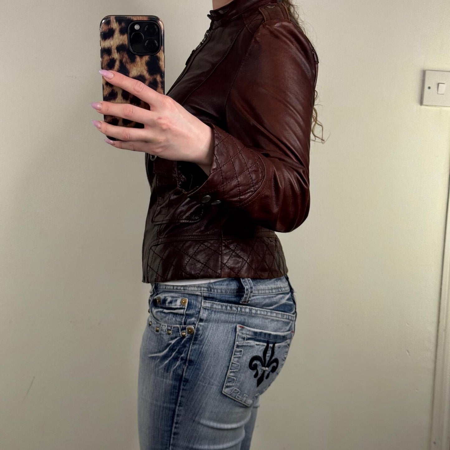 Y2K vintage genuine leather jacket high neck full zip up two tone cargo pockets