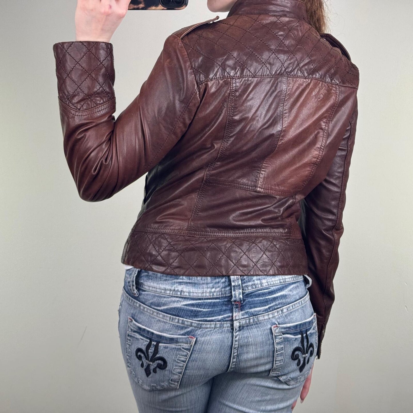 Y2K vintage genuine leather jacket high neck full zip up two tone cargo pockets