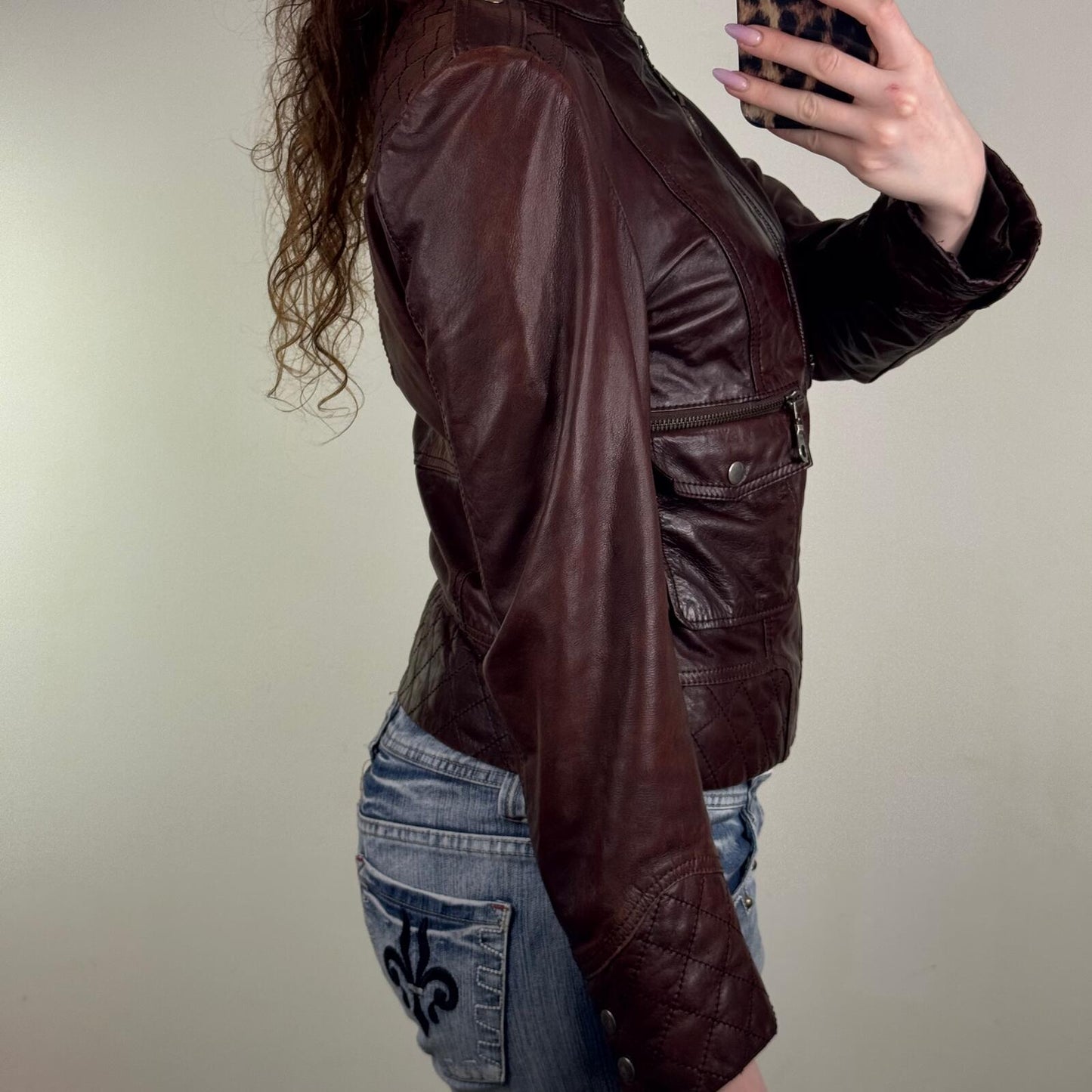 Y2K vintage genuine leather jacket high neck full zip up two tone cargo pockets