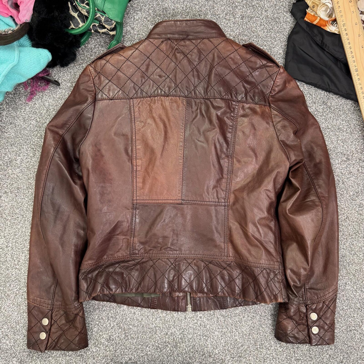 Y2K vintage genuine leather jacket high neck full zip up two tone cargo pockets