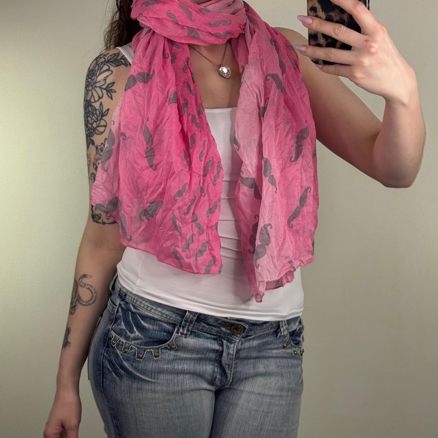 Vintage mustache scarf 2010s ombre pink light two tone pattern print graphic