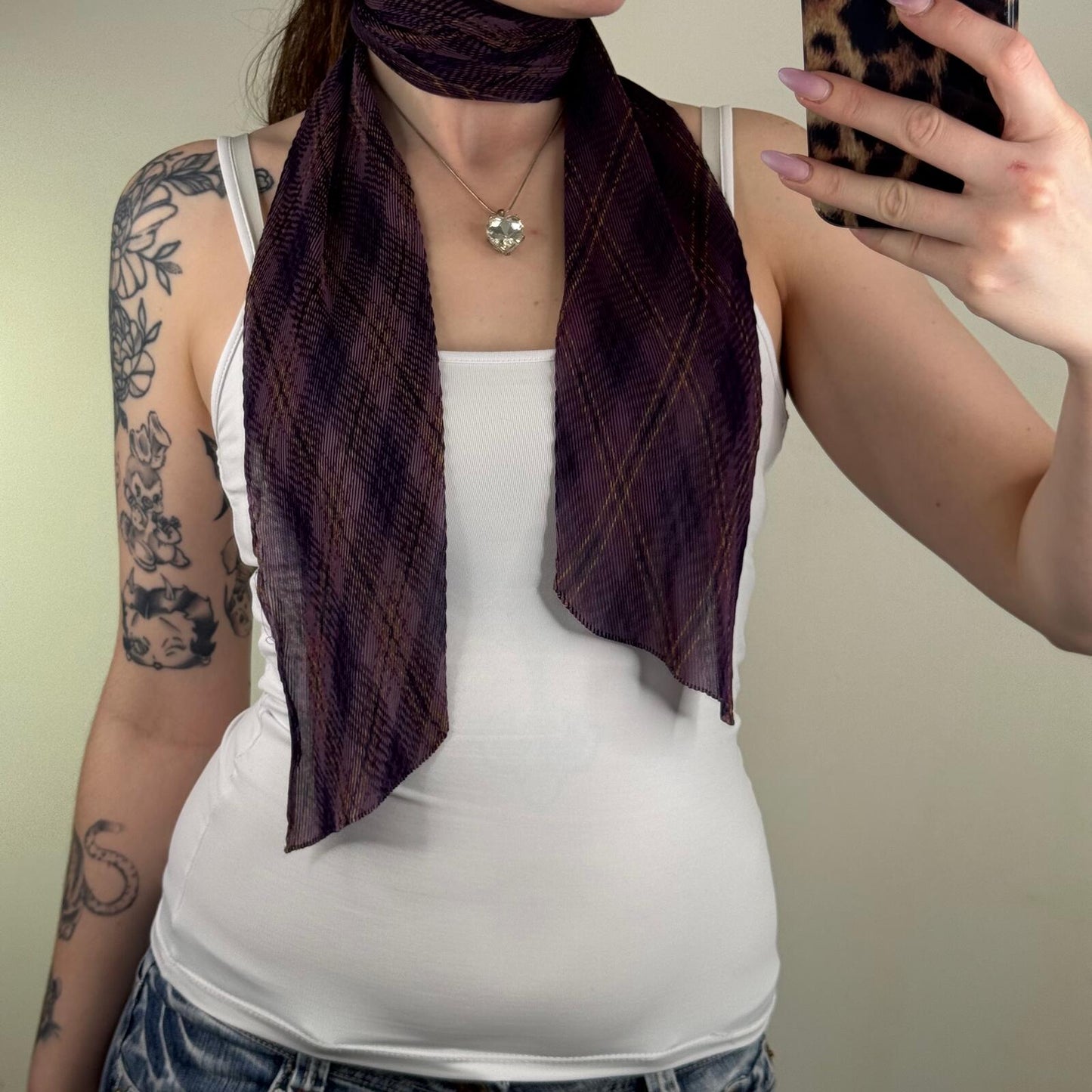 Y2K vintage tartan scarf sheer lightweight crinkle pleated purple check print