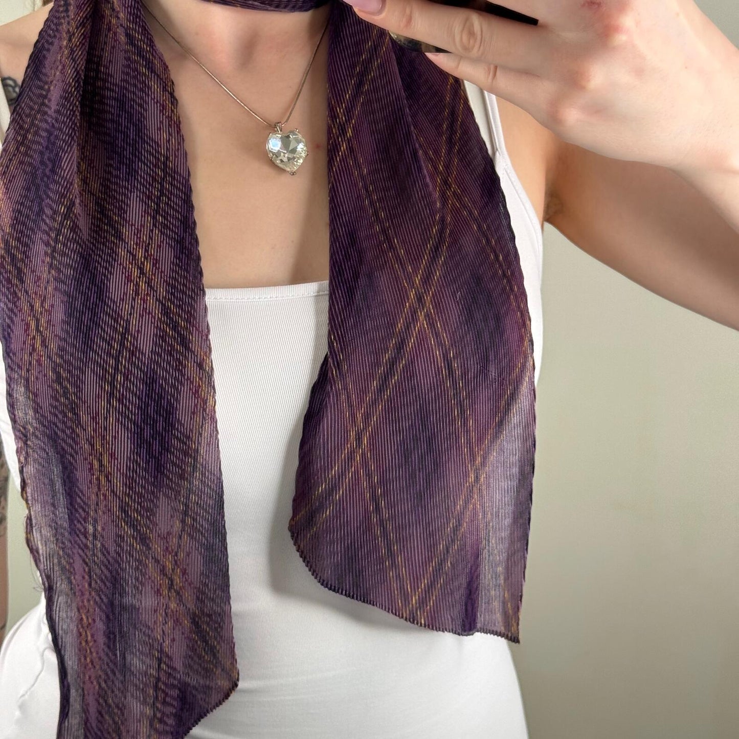 Y2K vintage tartan scarf sheer lightweight crinkle pleated purple check print