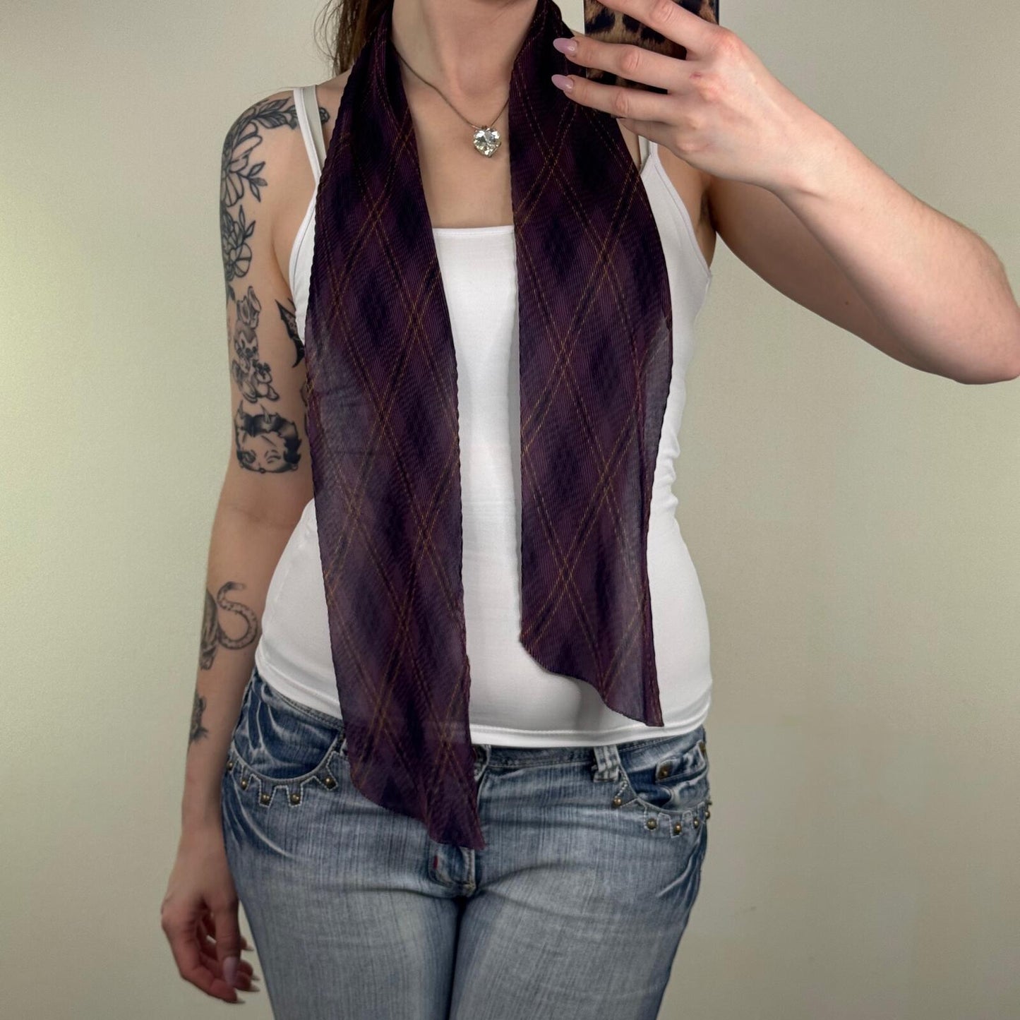 Y2K vintage tartan scarf sheer lightweight crinkle pleated purple check print