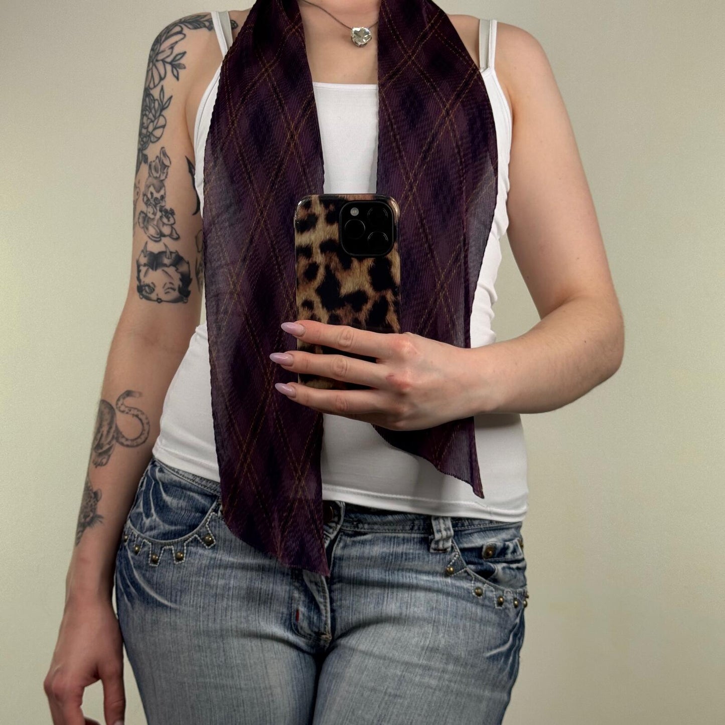 Y2K vintage tartan scarf sheer lightweight crinkle pleated purple check print
