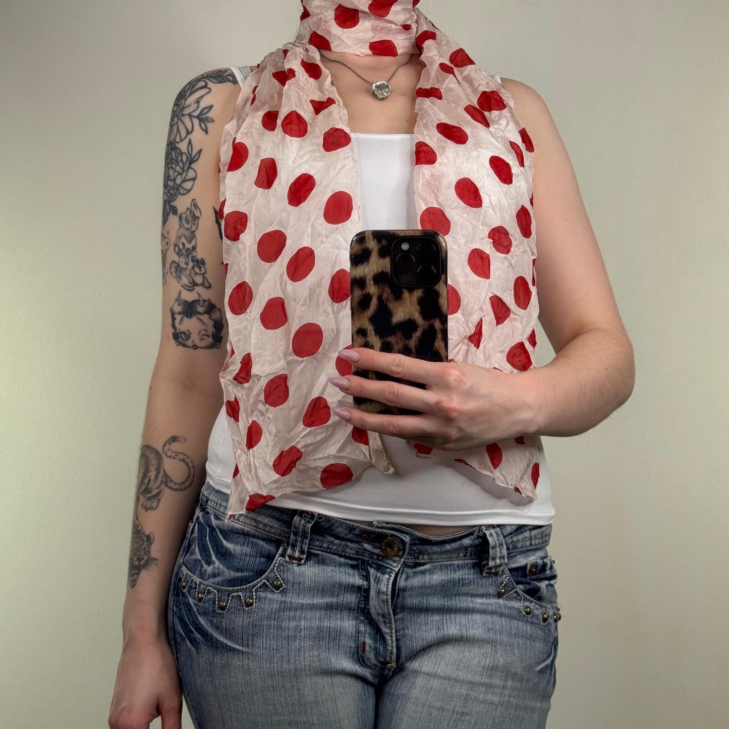 Y2K vintage 100% silk scarf polka dot spot red white