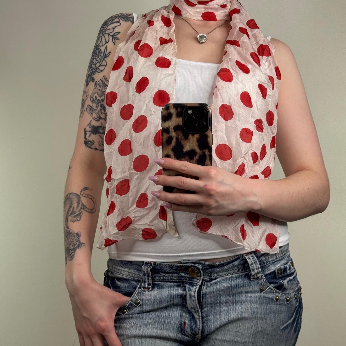 Y2K vintage 100% silk scarf polka dot spot red white