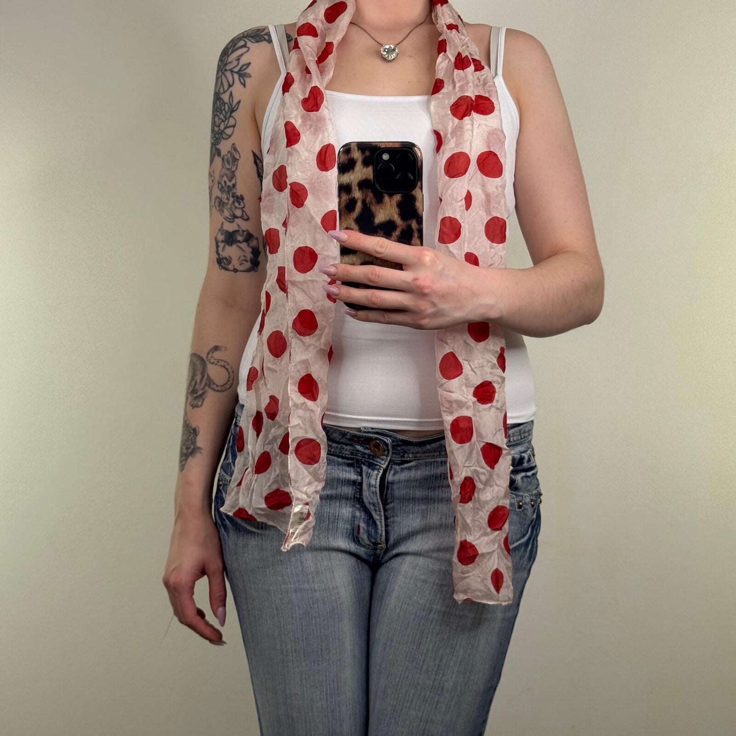 Y2K vintage 100% silk scarf polka dot spot red white