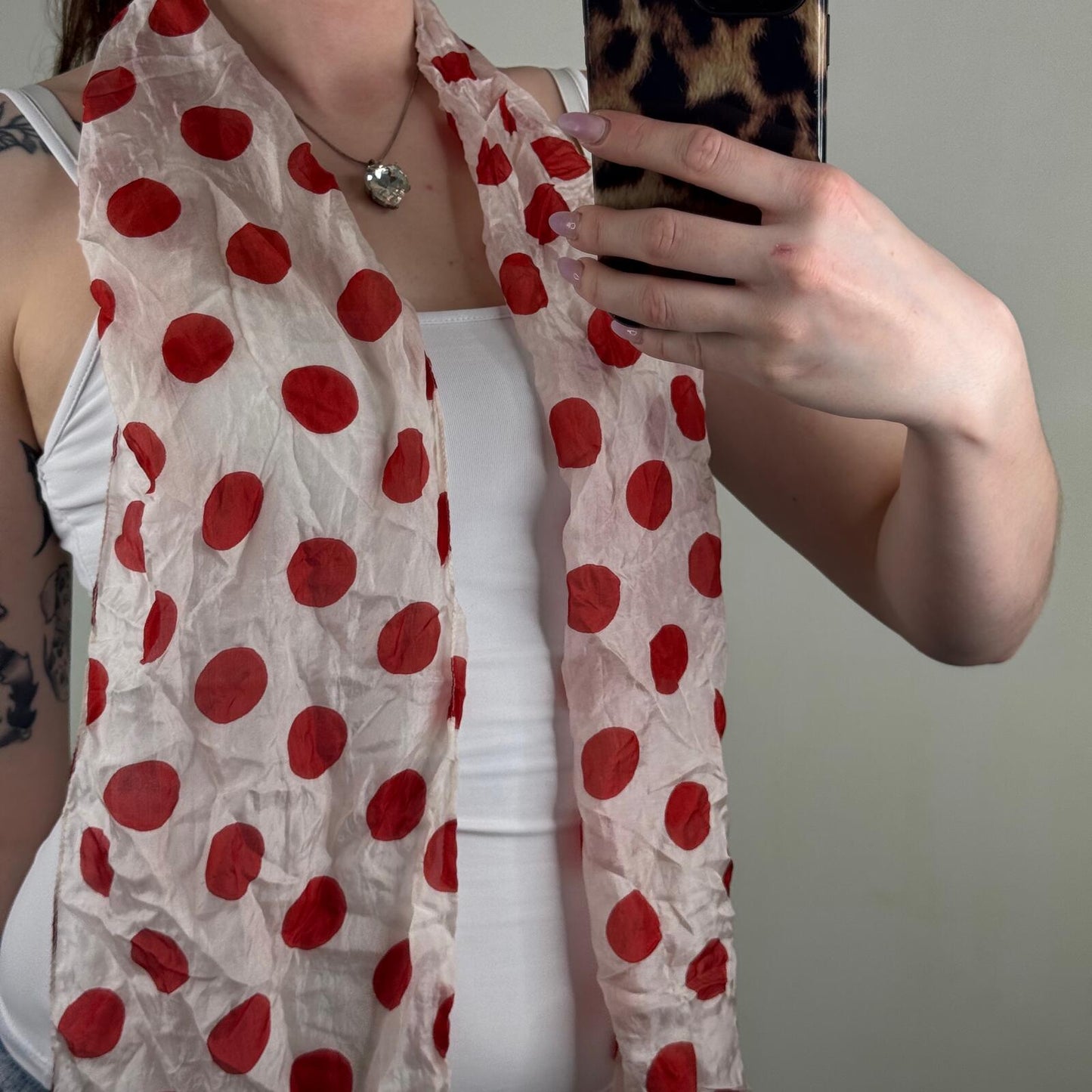 Y2K vintage 100% silk scarf polka dot spot red white