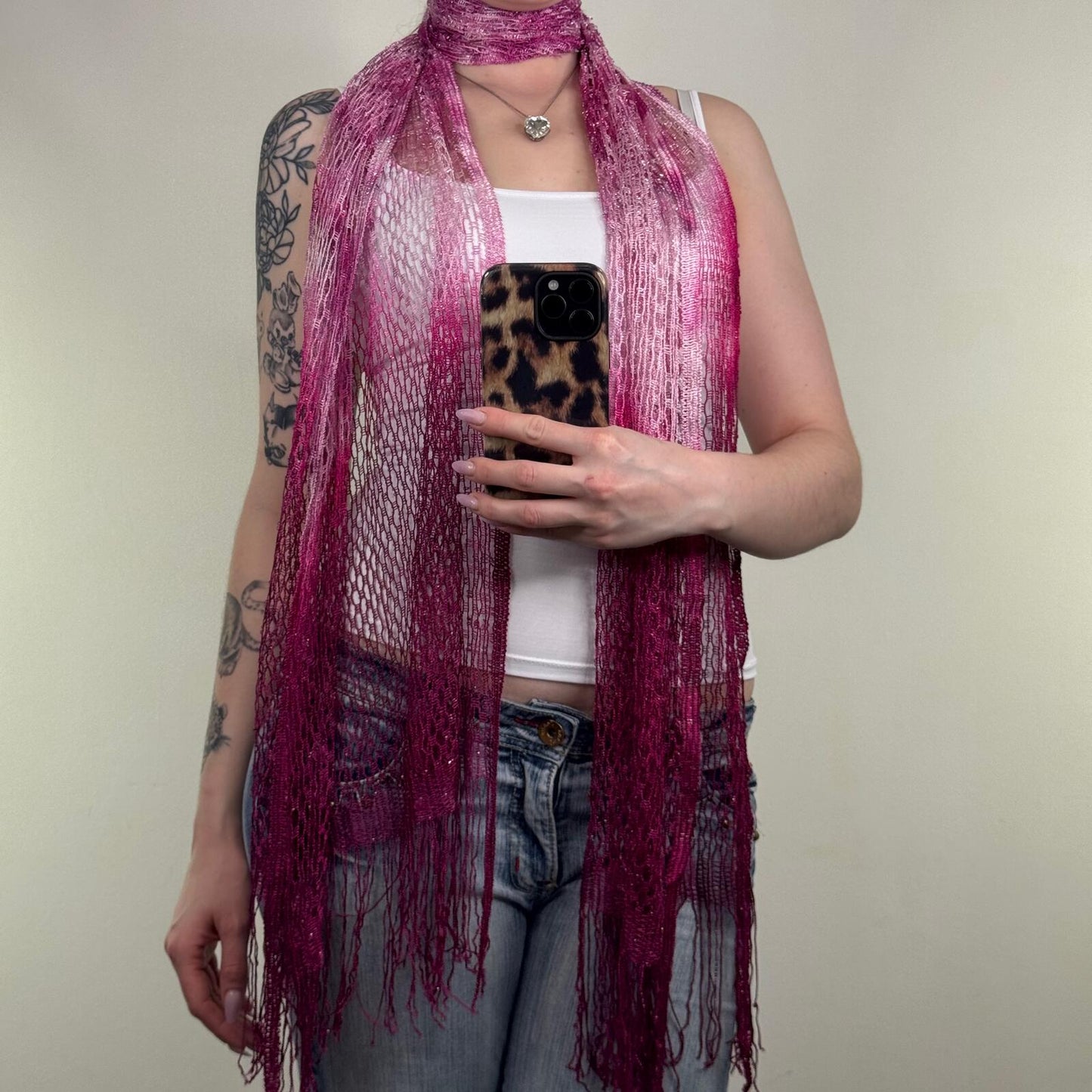 Y2K vintage scarf sparkly net purple pink ombre fringe sheer glitter