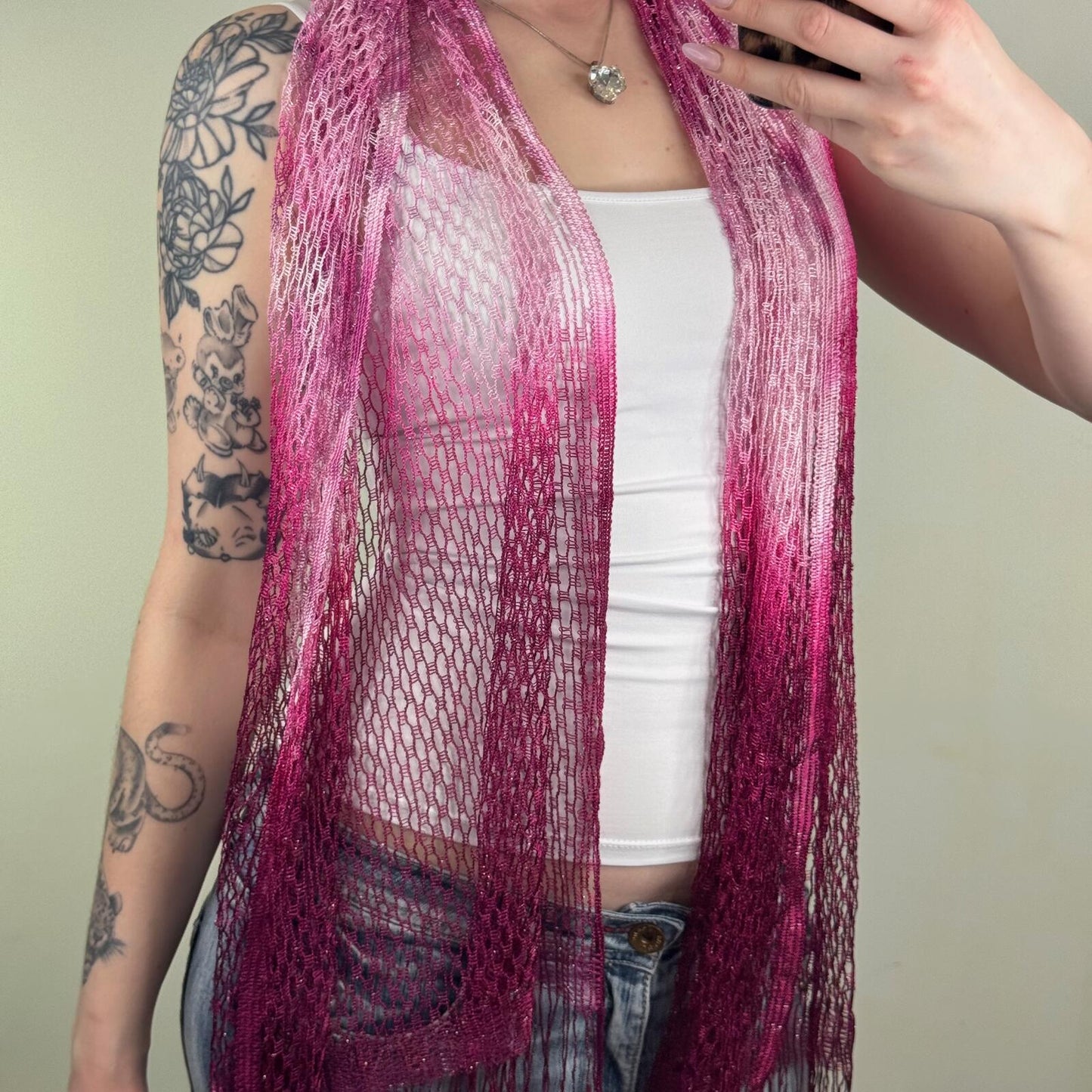 Y2K vintage scarf sparkly net purple pink ombre fringe sheer glitter