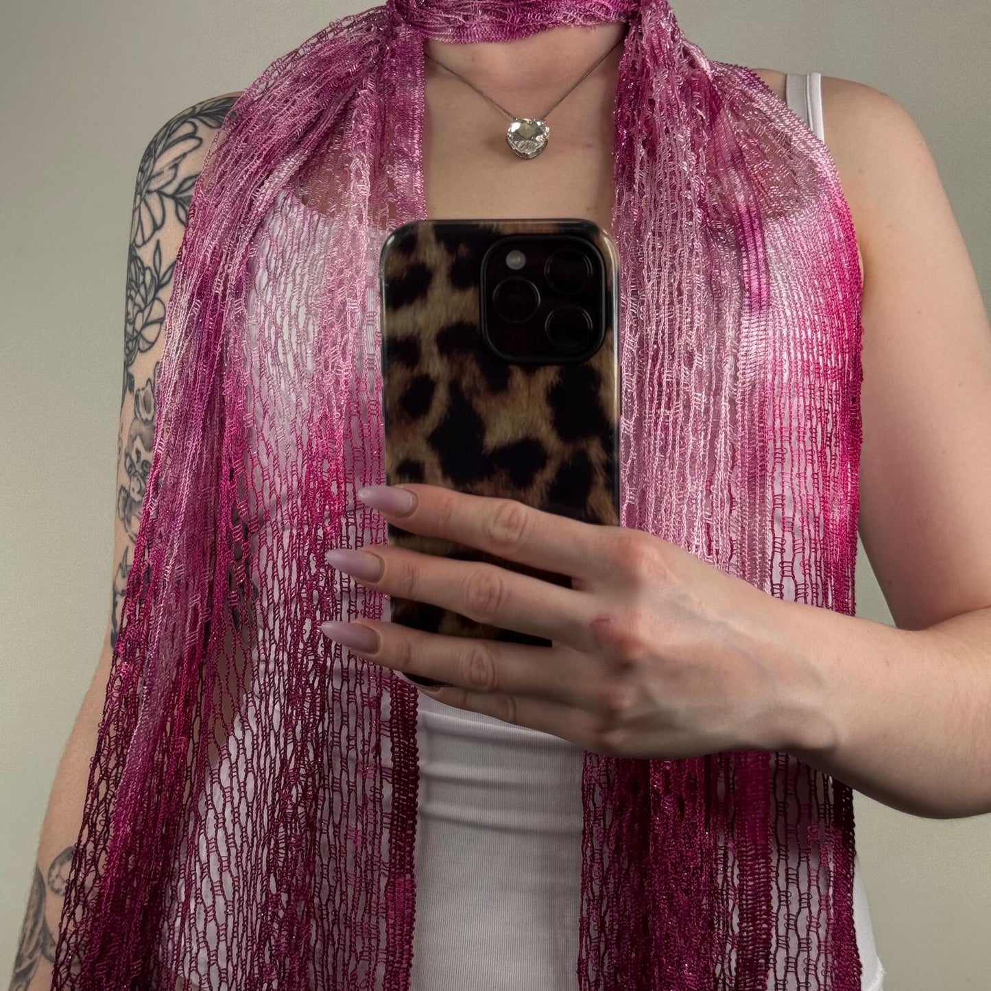 Y2K vintage scarf sparkly net purple pink ombre fringe sheer glitter