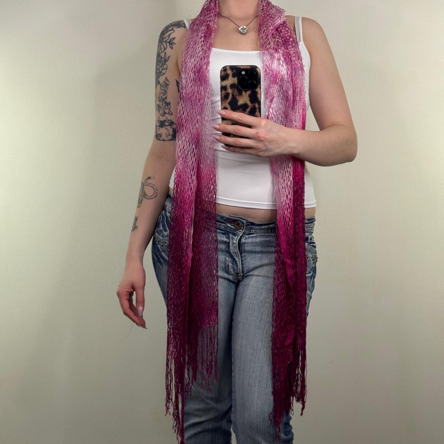Y2K vintage scarf sparkly net purple pink ombre fringe sheer glitter