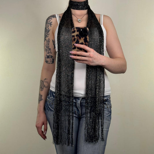 Y2K vintage scarf glitter sparkly sheer netted fringe black