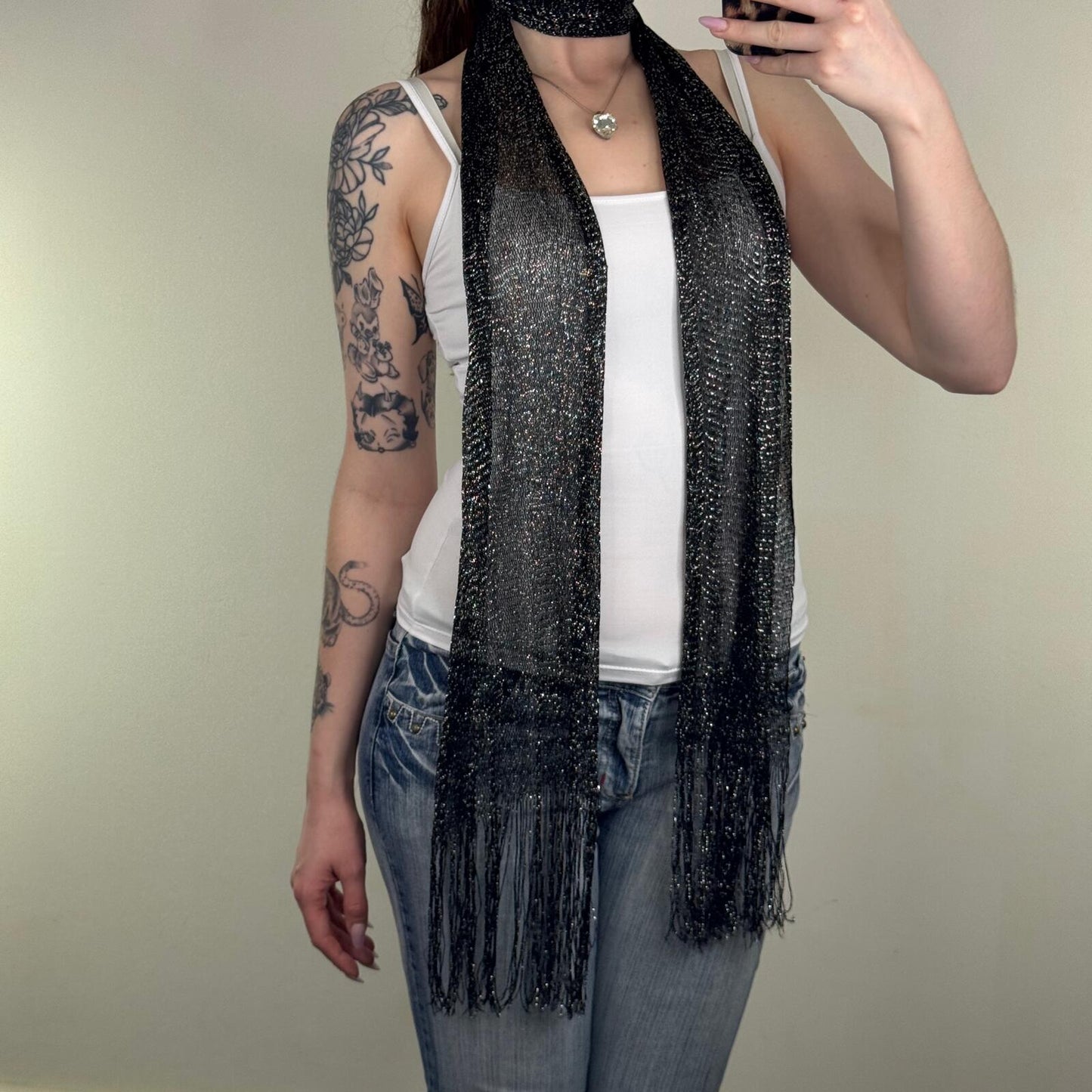 Y2K vintage scarf glitter sparkly sheer netted fringe black