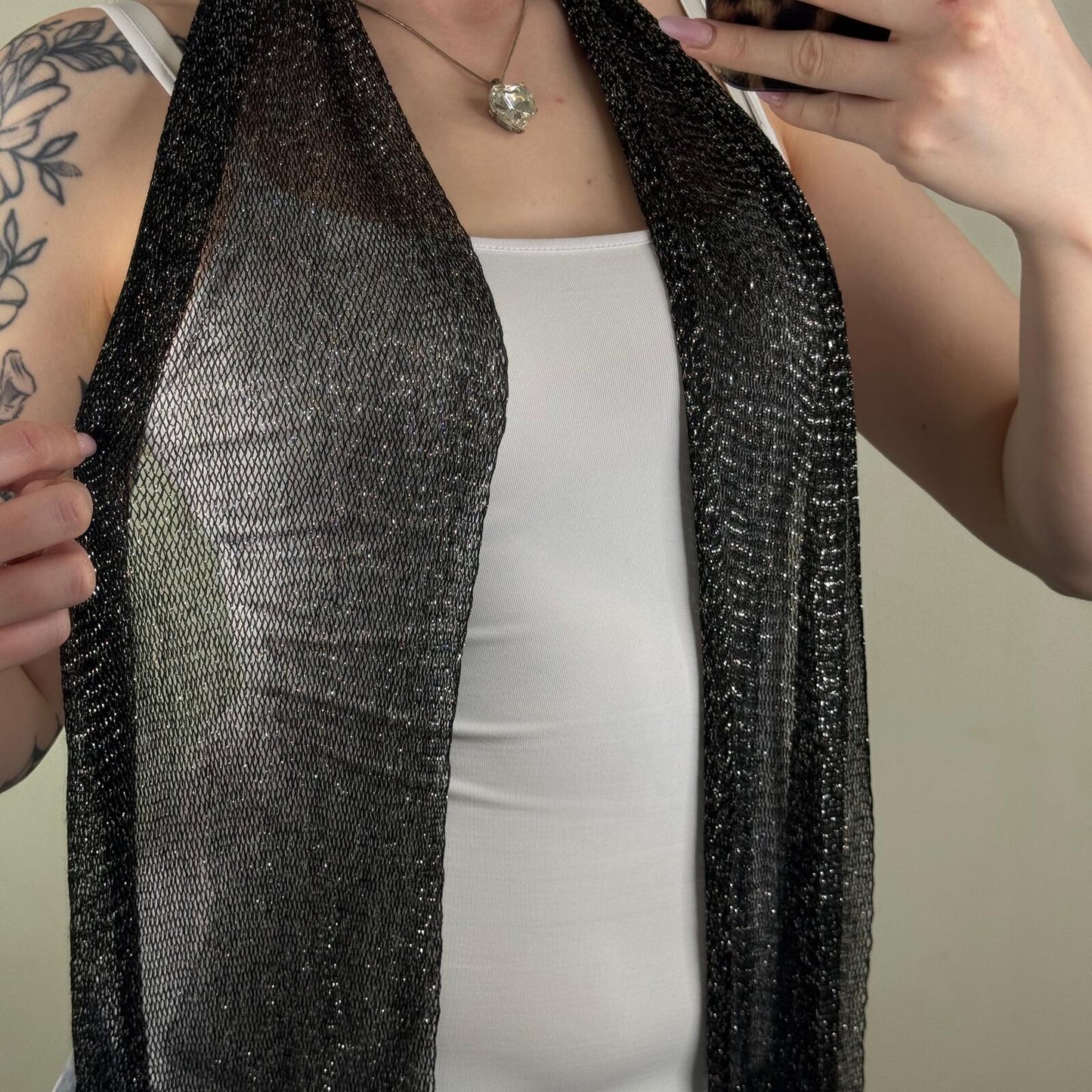 Y2K vintage scarf glitter sparkly sheer netted fringe black