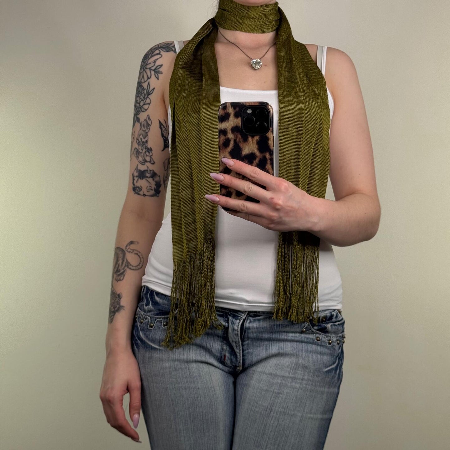 Y2K vintage scarf fine knit olive green fringe