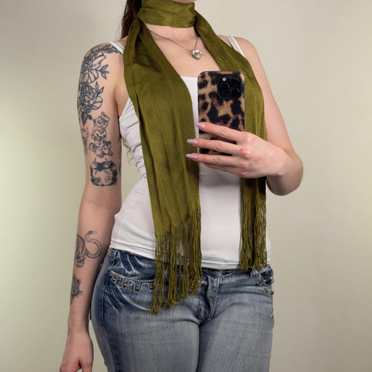 Y2K vintage scarf fine knit olive green fringe