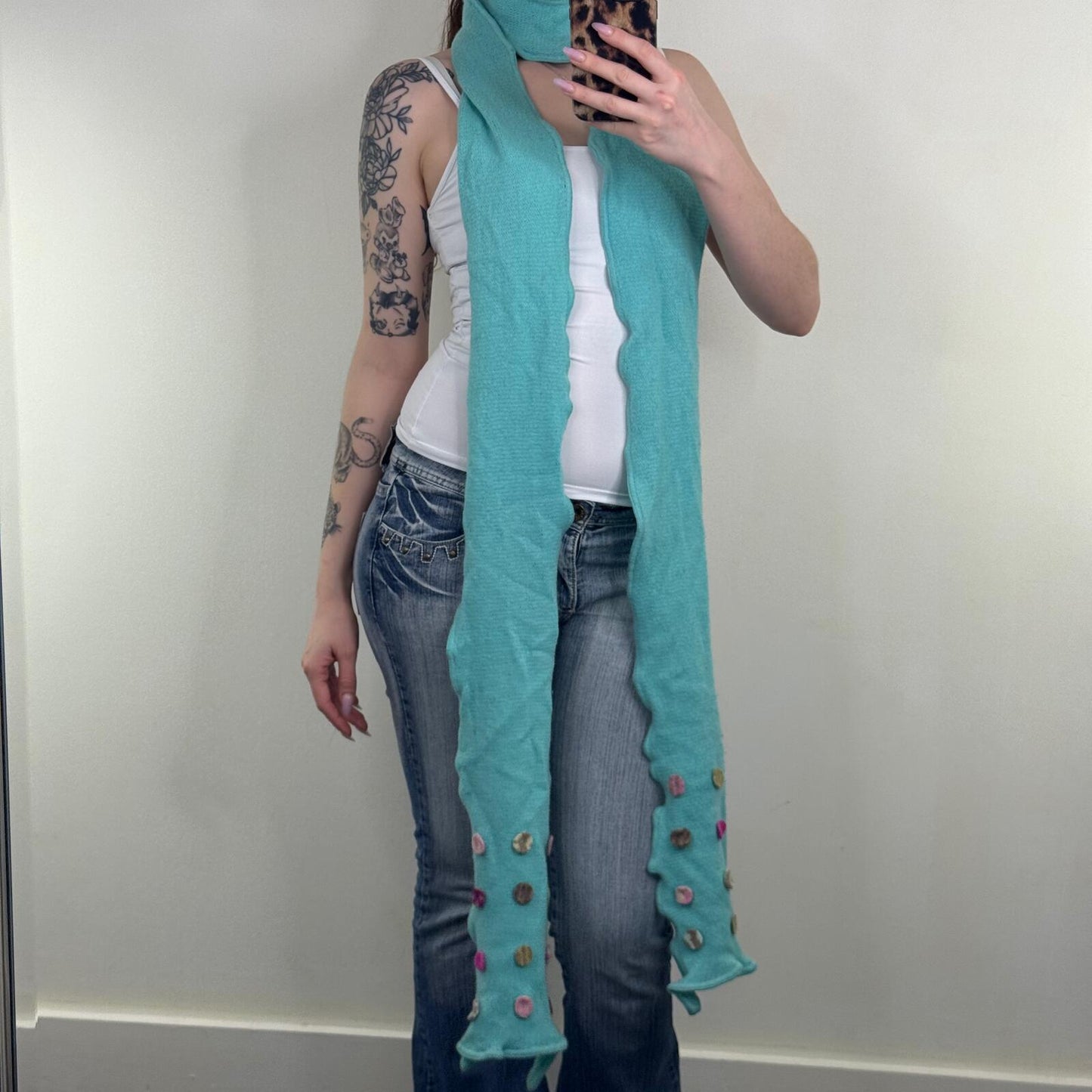 Y2K vintage lambswool scarf long button wool turquoise long length oversize