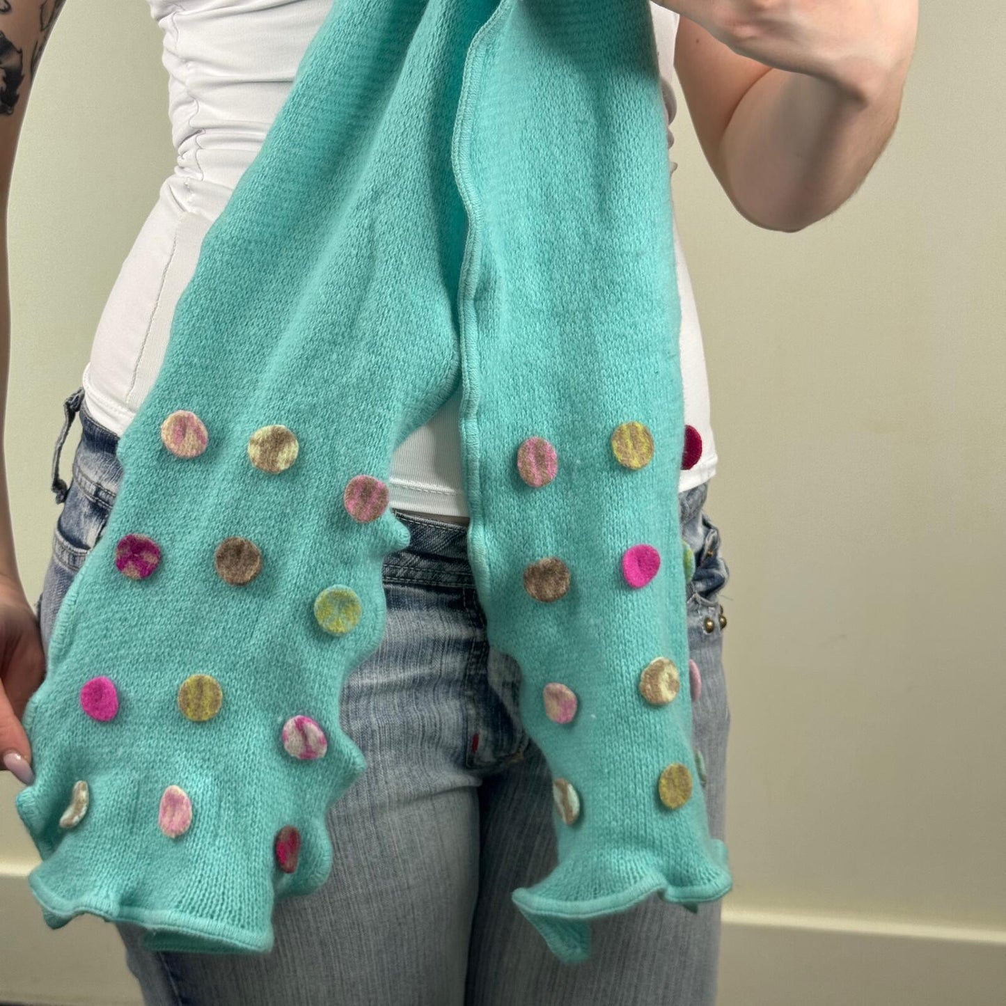 Y2K vintage lambswool scarf long button wool turquoise long length oversize