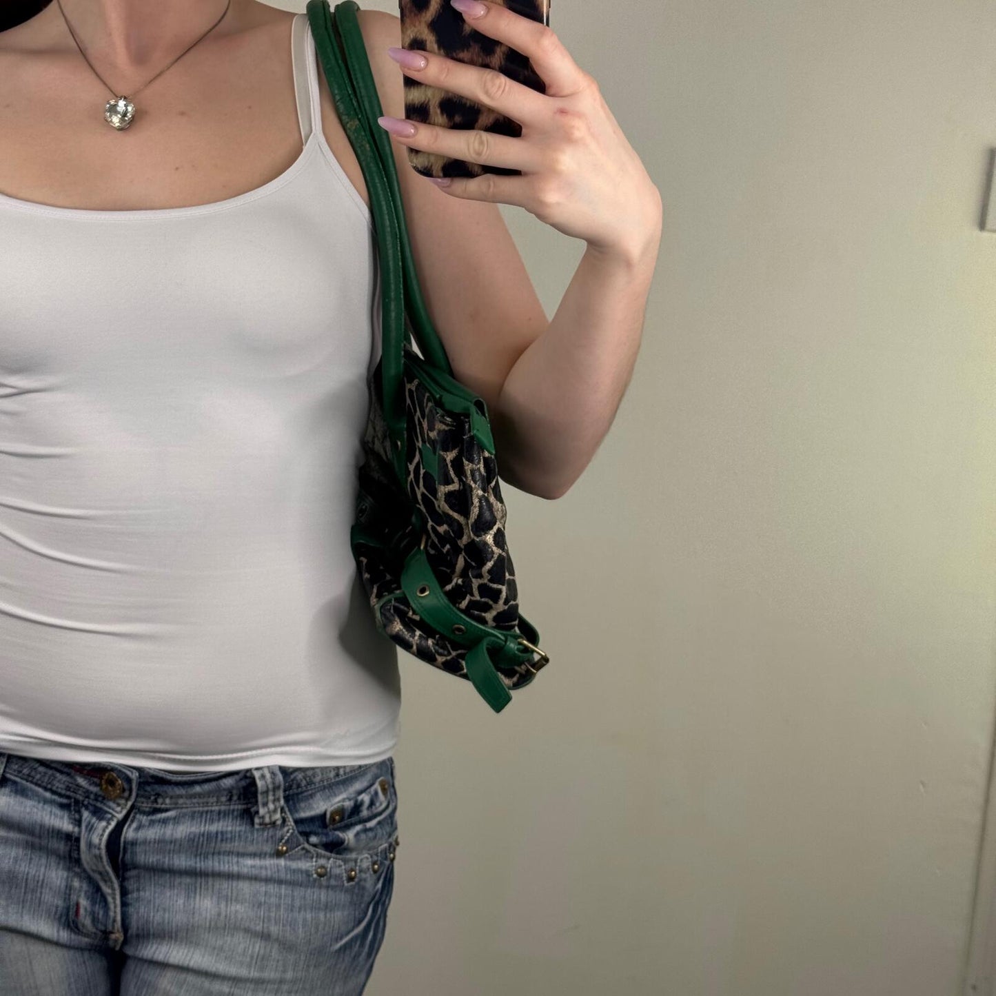 Y2K vintage shoulder bag genuine leather grommet giraffe print green large size