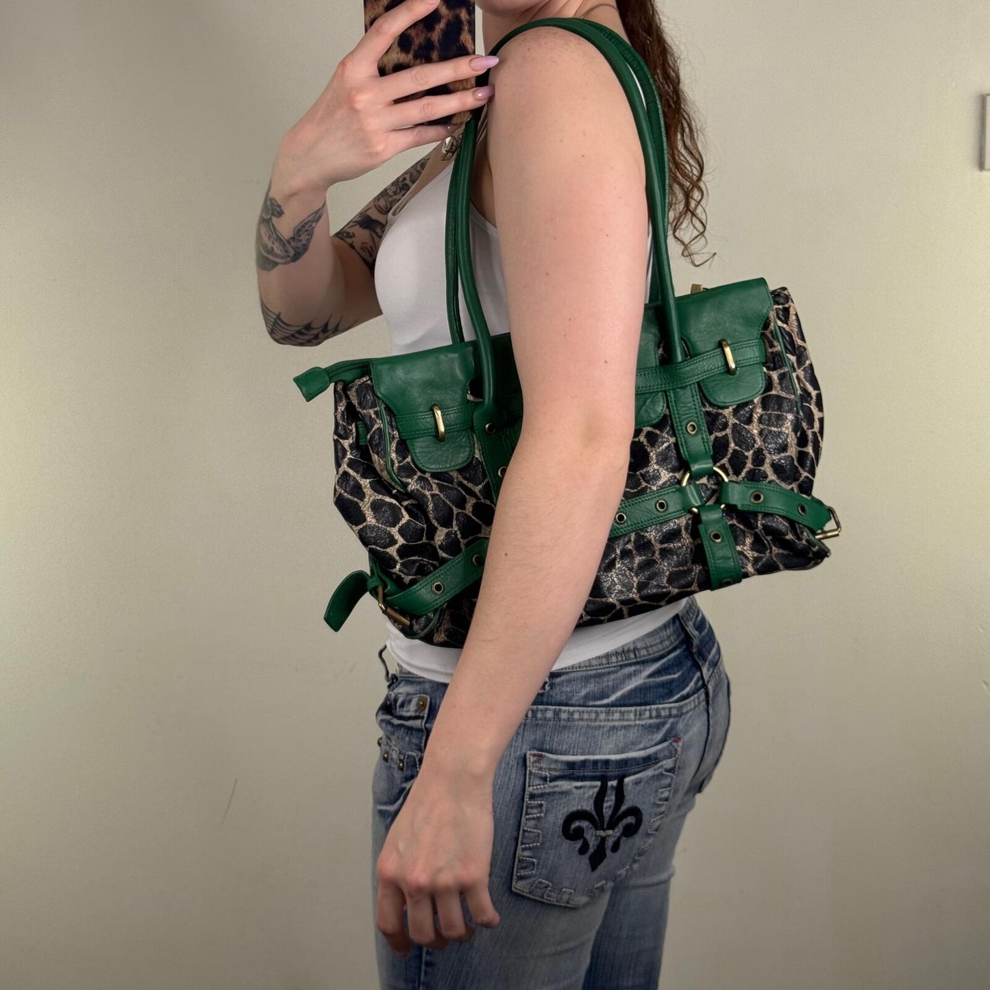 Y2K vintage shoulder bag genuine leather grommet giraffe print green large size