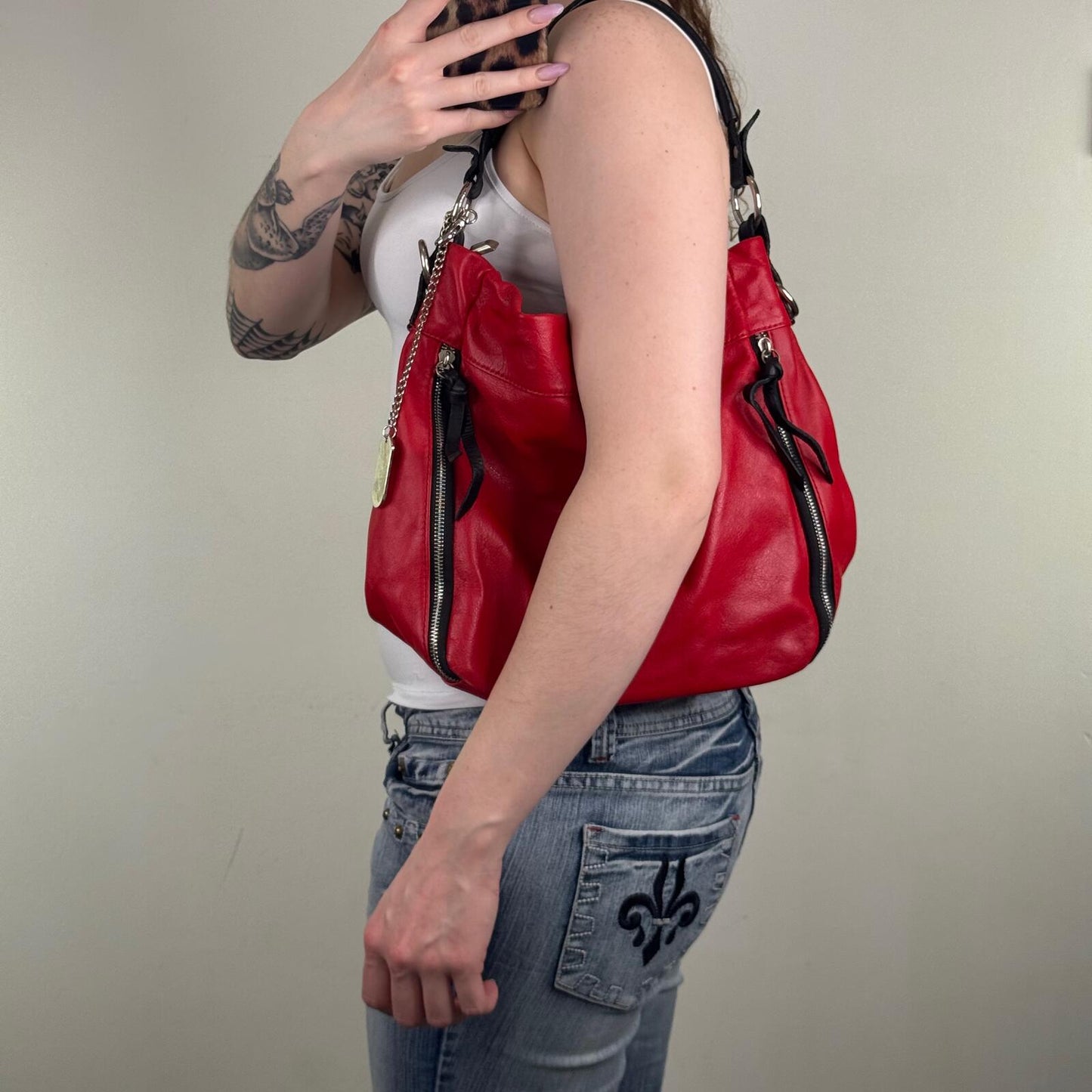 Anna Morellini genuine leather shoulder bag with crossbody strap red black