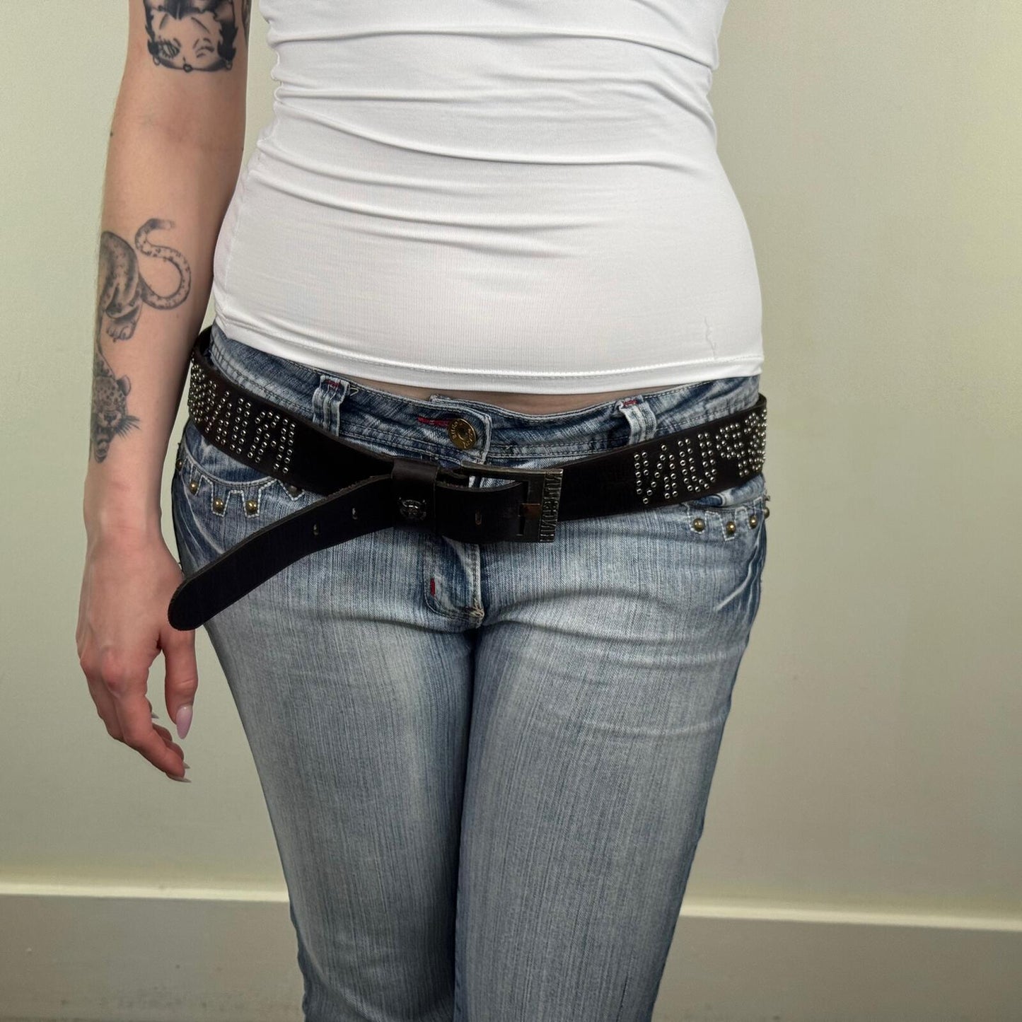 Y2K vintage Ringspun belt genuine leather grommet studded unisex
